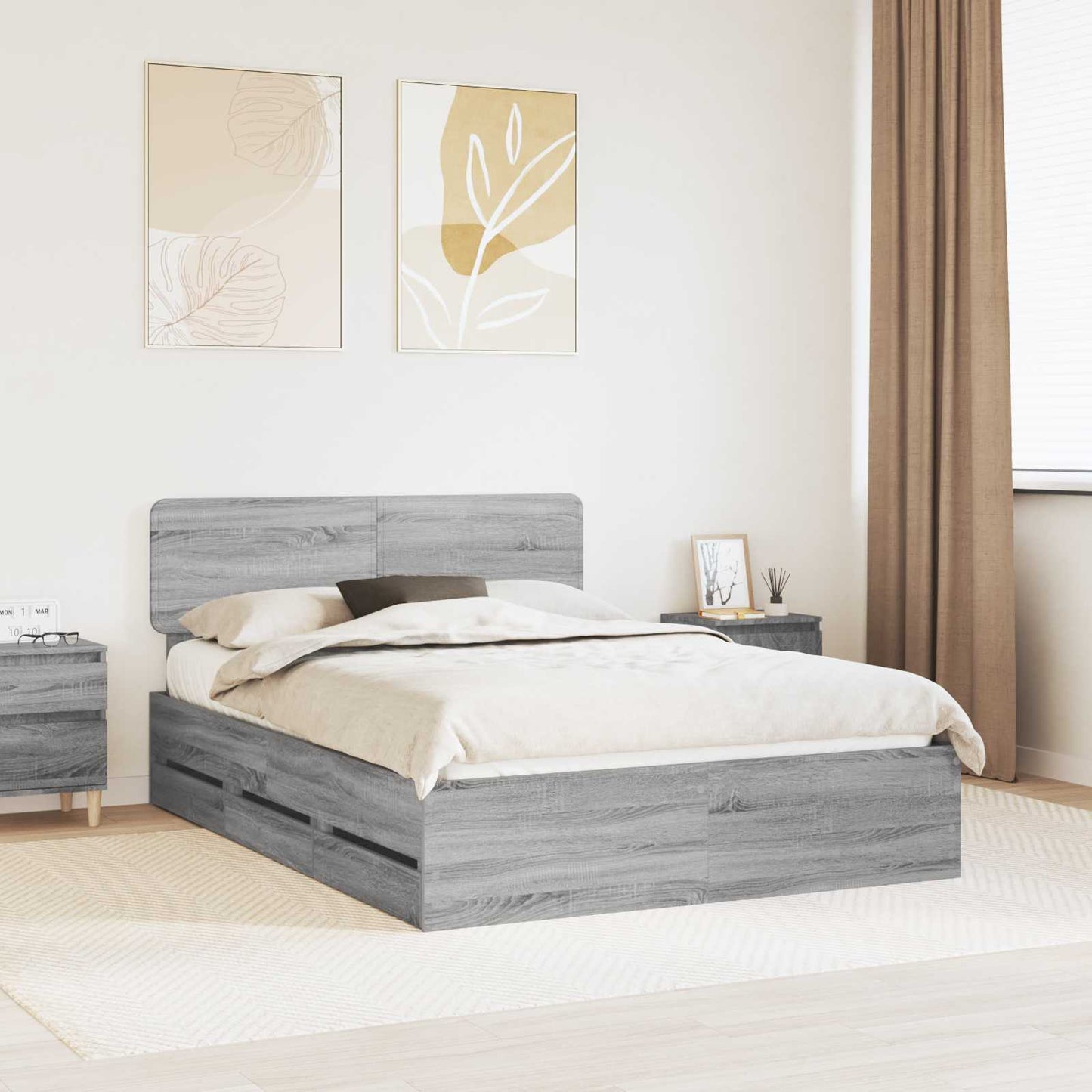 Bedframe met lade Grijze Sonoma 150 x 200 cm Geconstrueerd hout is nu te koop bij PeponiXL, paradijselijk wonen!