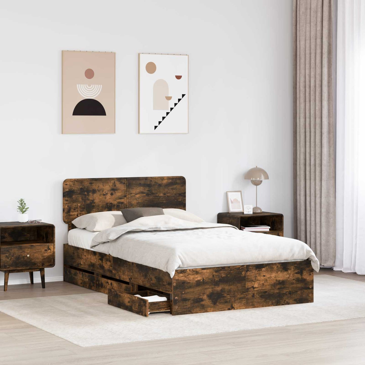 Bedframe met lade Gerookte Eik 120 x 190 cm Geconstrueerd hout is nu te koop bij PeponiXL, paradijselijk wonen!