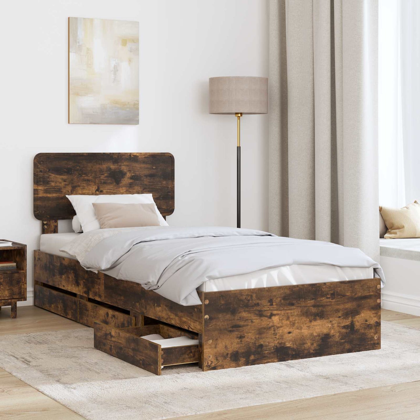 Bedframe met lade Gerookte Eik 100 x 200 cm Geconstrueerd hout is nu te koop bij PeponiXL, paradijselijk wonen!