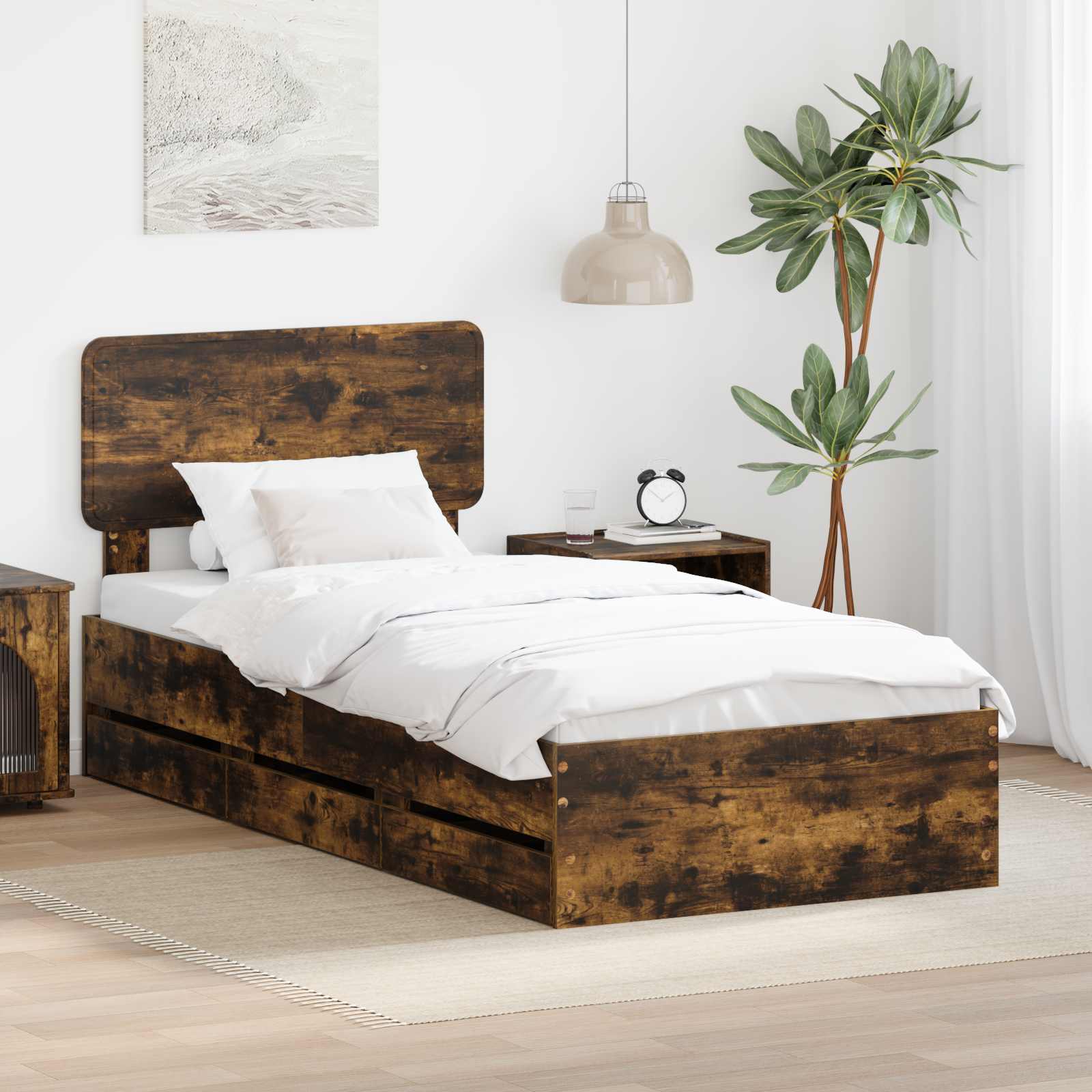 Bedframe met lade Gerookte Eik 90 x 200 cm Geconstrueerd hout is nu te koop bij PeponiXL, paradijselijk wonen!