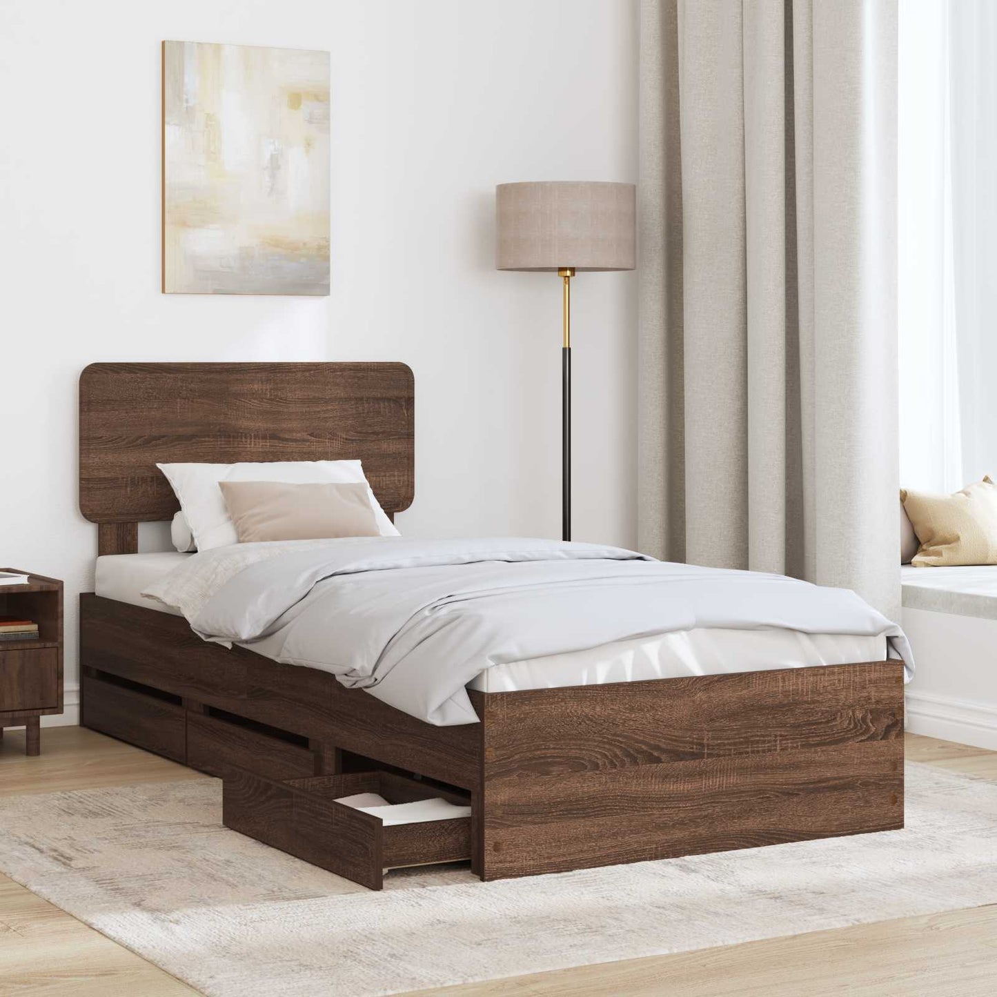 Bedframe met lade Bruine eik 90 x 190 cm Geconstrueerd hout is nu te koop bij PeponiXL, paradijselijk wonen!