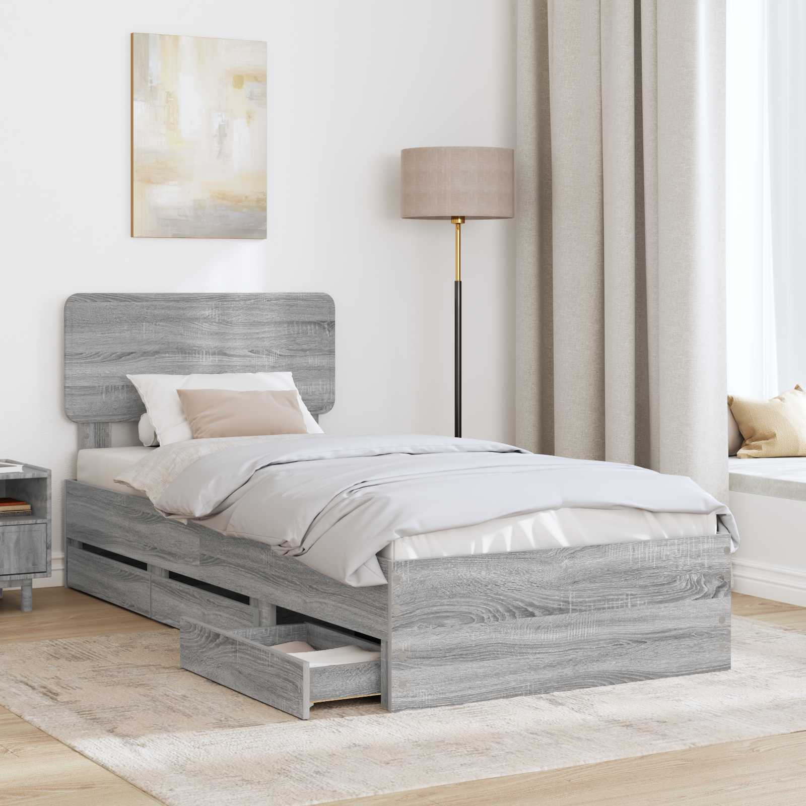 Bedframe met lade Grijze Sonoma 75 x 190 cm Geconstrueerd hout is nu te koop bij PeponiXL, paradijselijk wonen!
