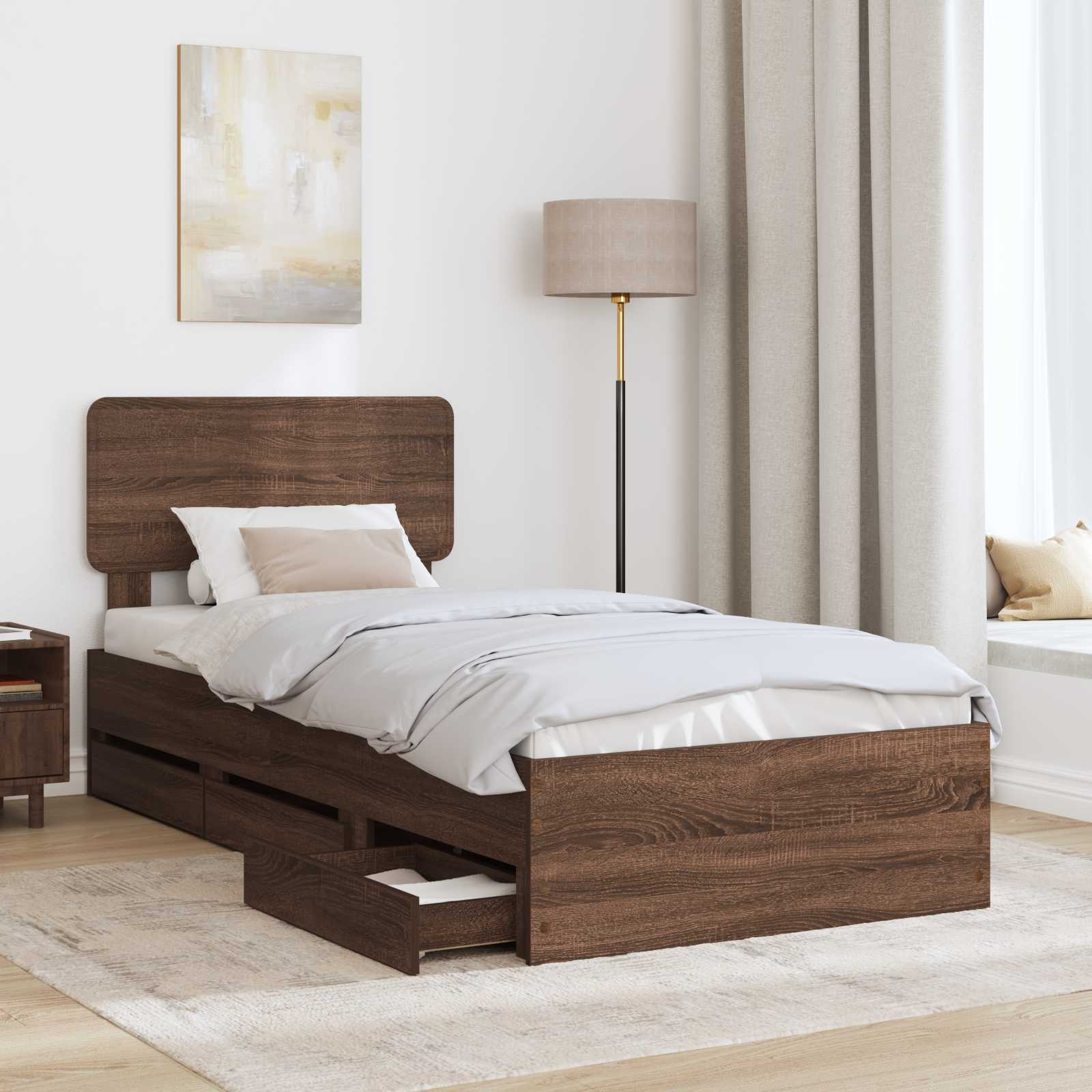 Bedframe met lade Bruine eik 75 x 190 cm Geconstrueerd hout is nu te koop bij PeponiXL, paradijselijk wonen!