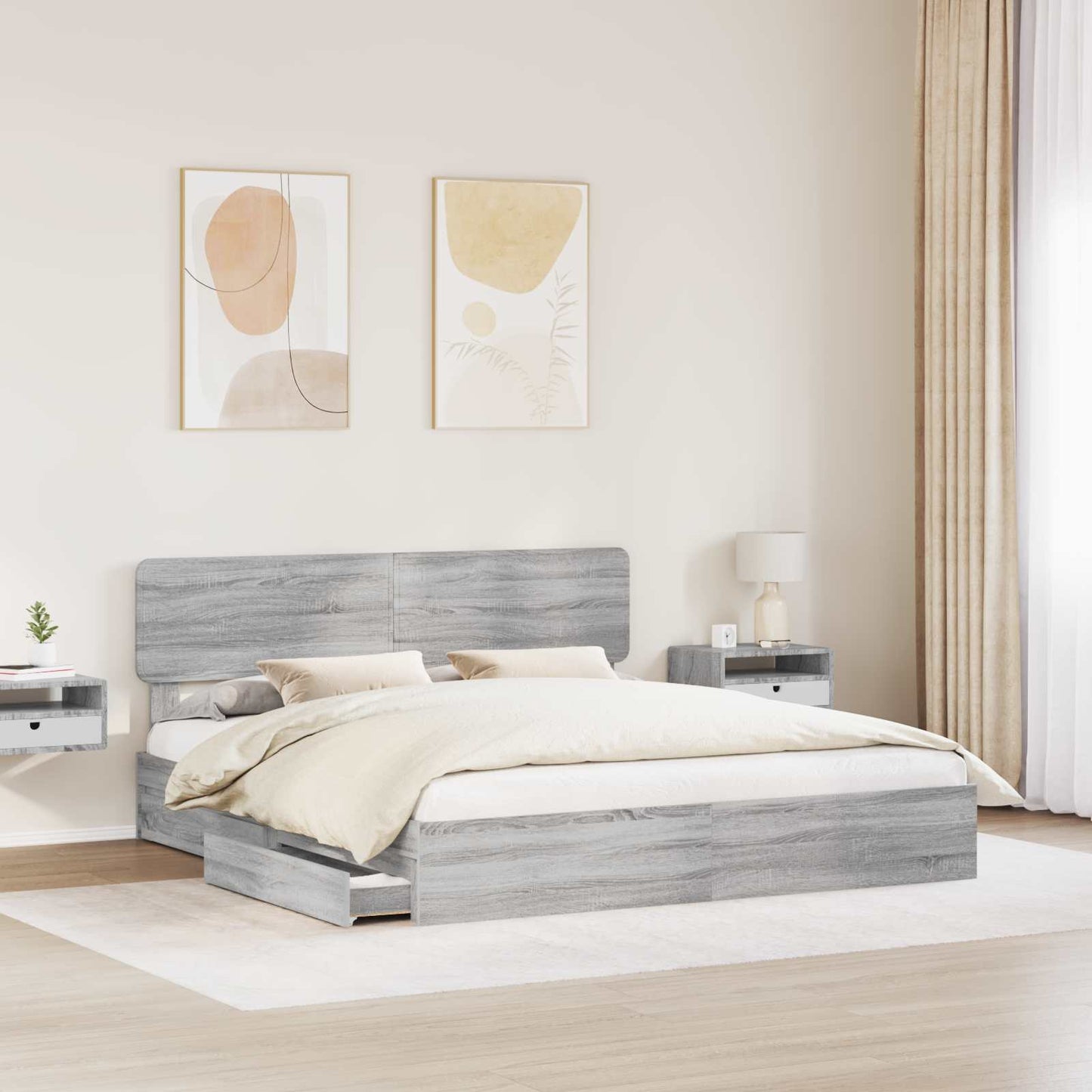 Opslag bed met lade Grijs Sonoma 200 x 200 cm Bewerkt hout is nu te koop bij PeponiXL, paradijselijk wonen!