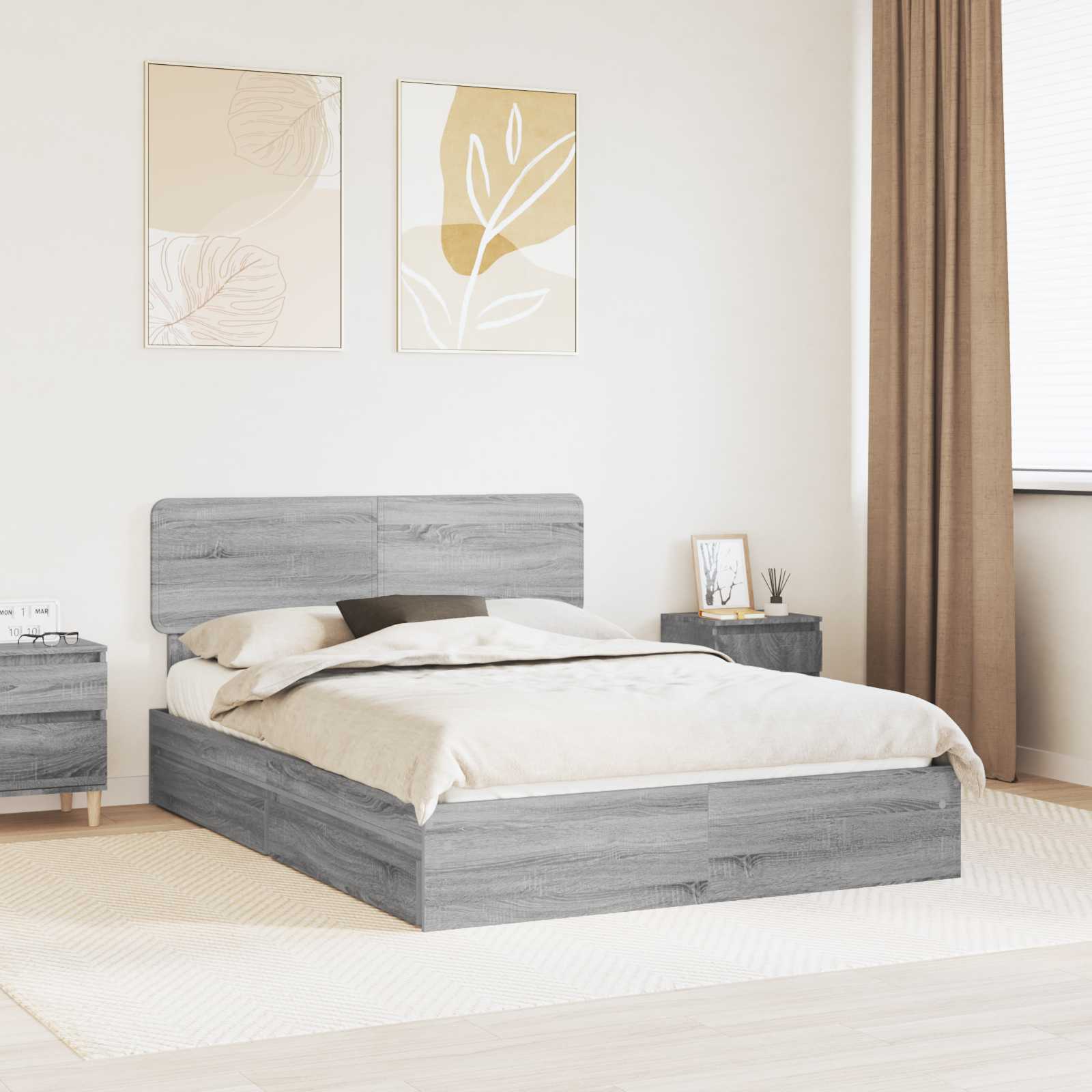Opslag bed met lade Grijs Sonoma 150 x 200 cm Bewerkt hout is nu te koop bij PeponiXL, paradijselijk wonen!