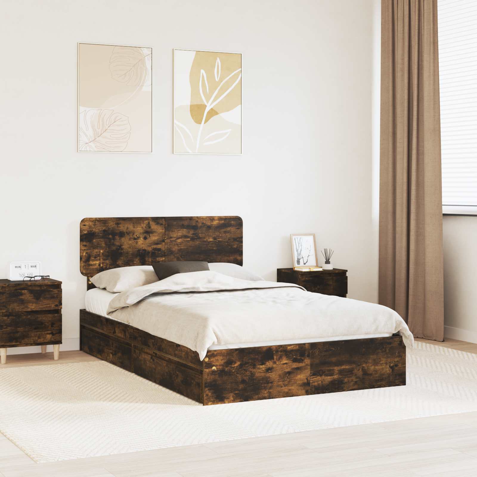 Opslag bed met lade Gerookt eiken 120 x 200 cm Bewerkt hout is nu te koop bij PeponiXL, paradijselijk wonen!