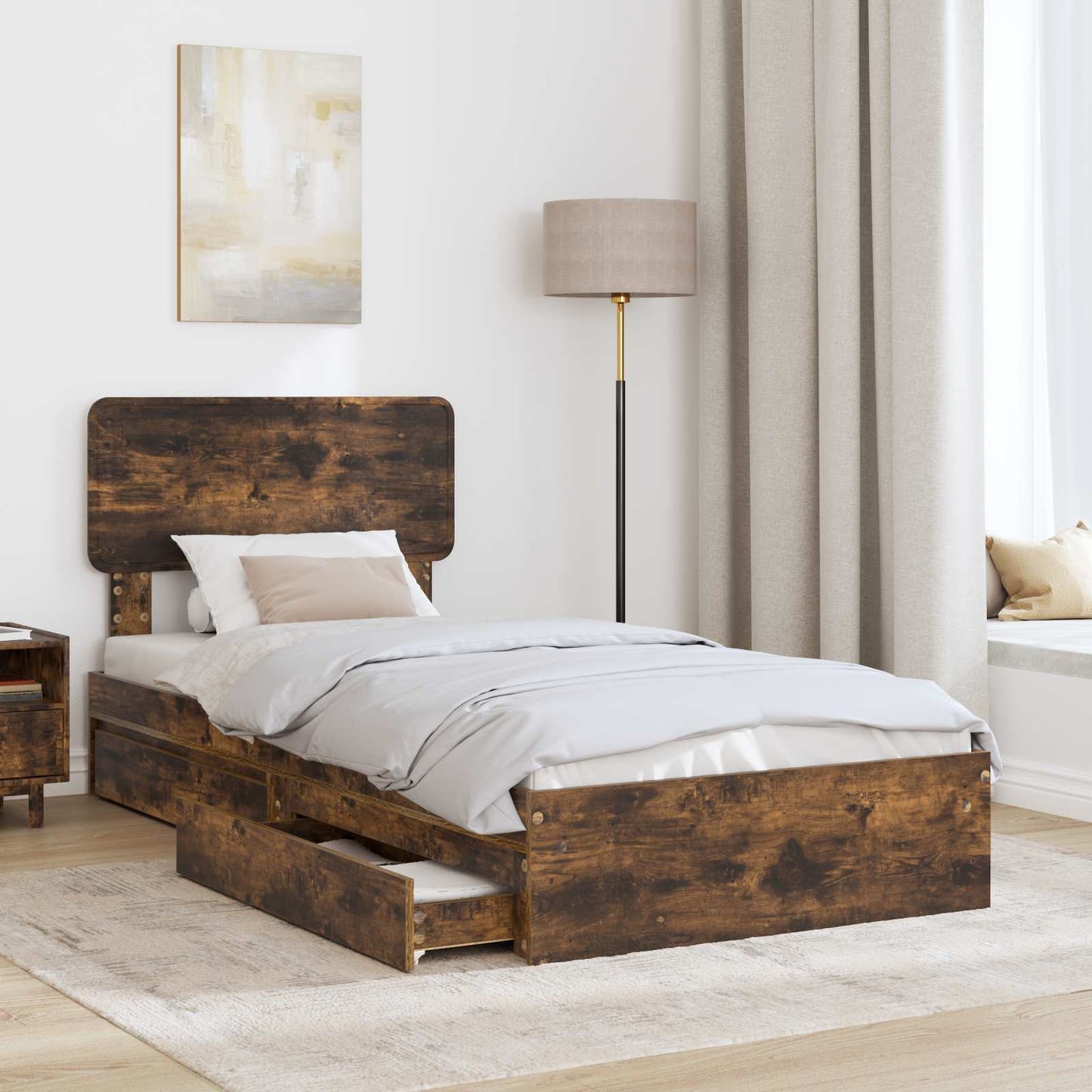 Opslag bed met lade Gerookt eiken 90 x 200 cm Bewerkt hout is nu te koop bij PeponiXL, paradijselijk wonen!