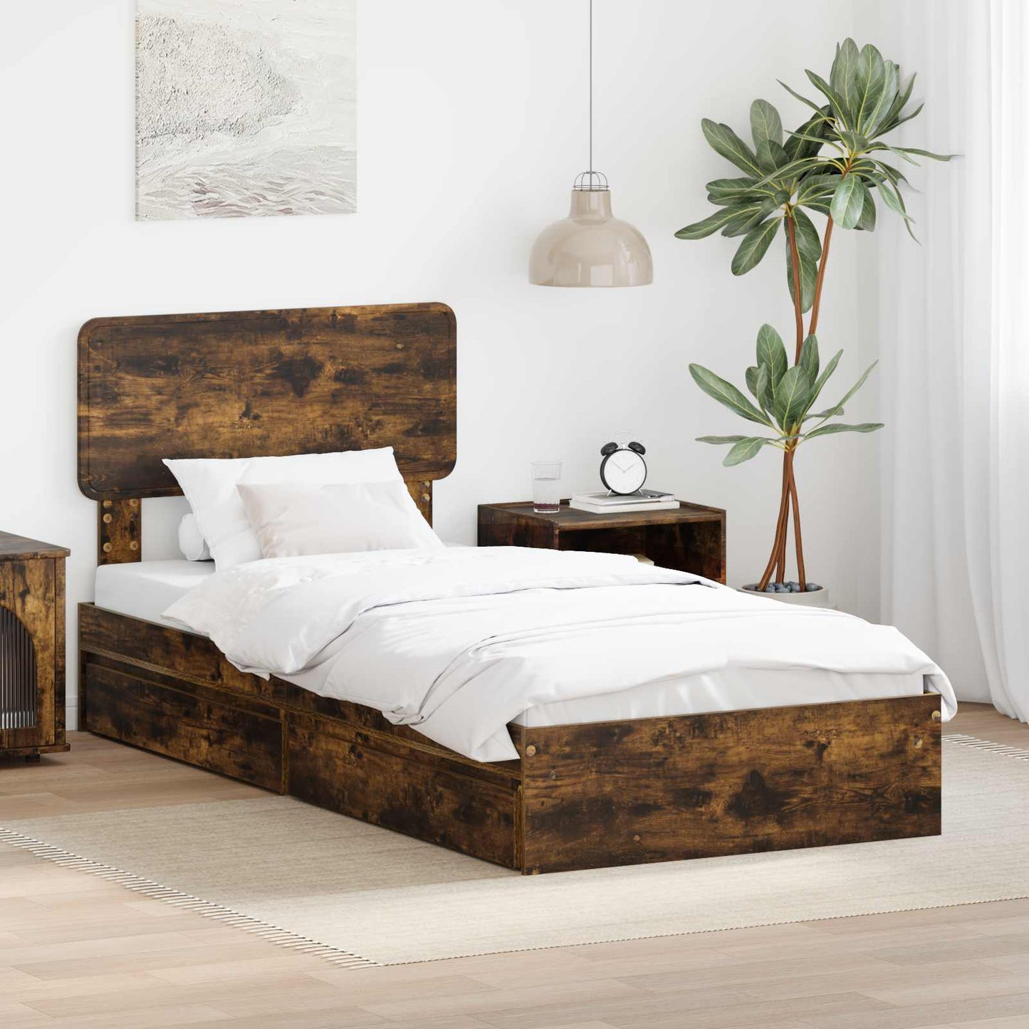 Opslag bed met lade Gerookt eiken 90 x 190 cm Bewerkt hout is nu te koop bij PeponiXL, paradijselijk wonen!