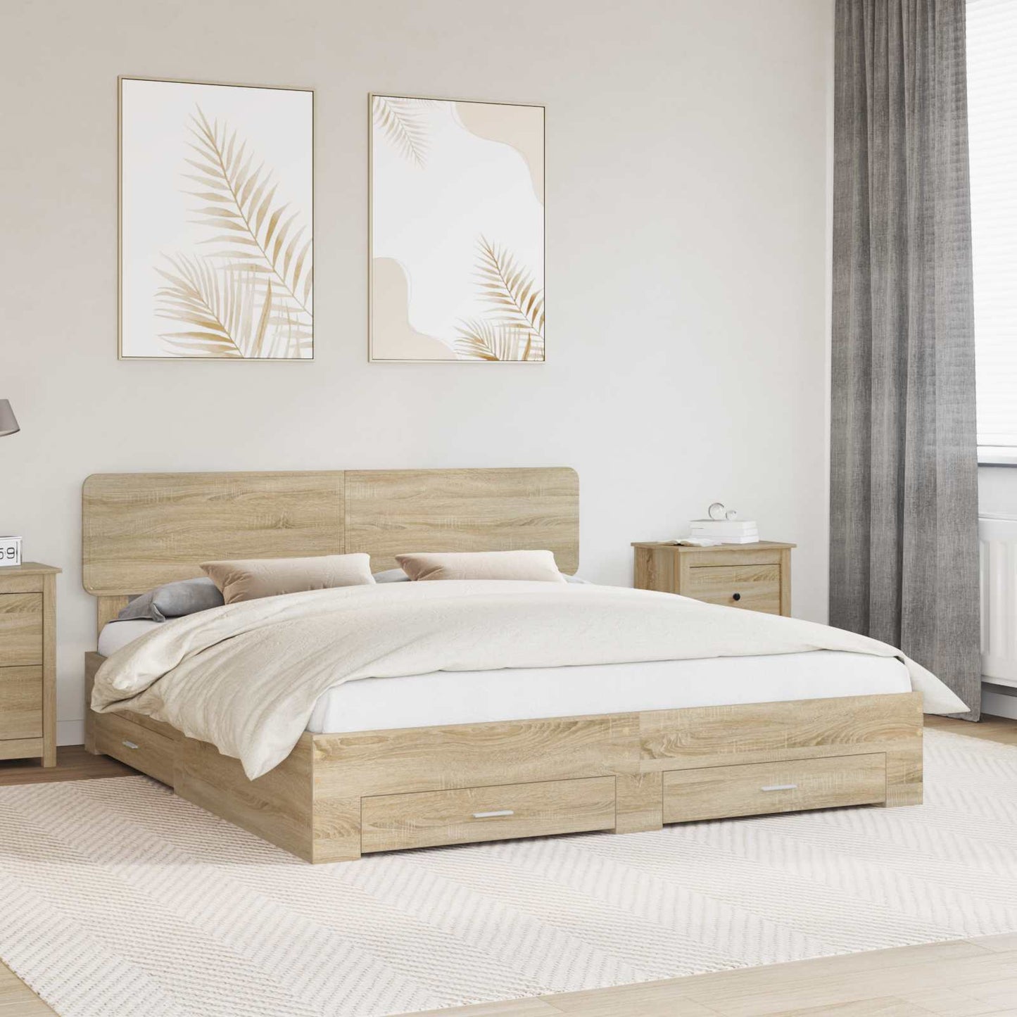 Bedframe met hoofdeinde Sonoma Eiken 200 x 200 cm Bewerkt hout is nu te koop bij PeponiXL, paradijselijk wonen!