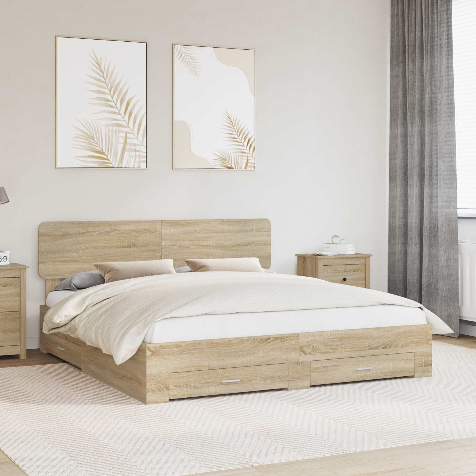 Bedframe met hoofdeinde Sonoma Eiken 200 x 200 cm Bewerkt hout is nu te koop bij PeponiXL, paradijselijk wonen!