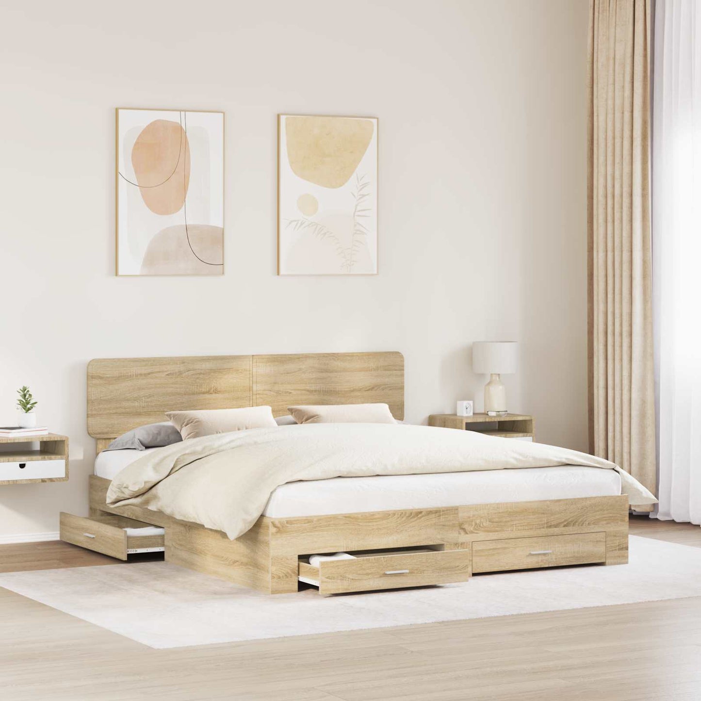 Bedframe met hoofdeinde Sonoma Eiken 200 x 200 cm Bewerkt hout is nu te koop bij PeponiXL, paradijselijk wonen!