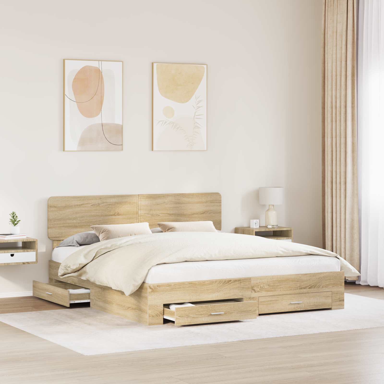 Bedframe met hoofdeinde Sonoma Eiken 200 x 200 cm Bewerkt hout is nu te koop bij PeponiXL, paradijselijk wonen!