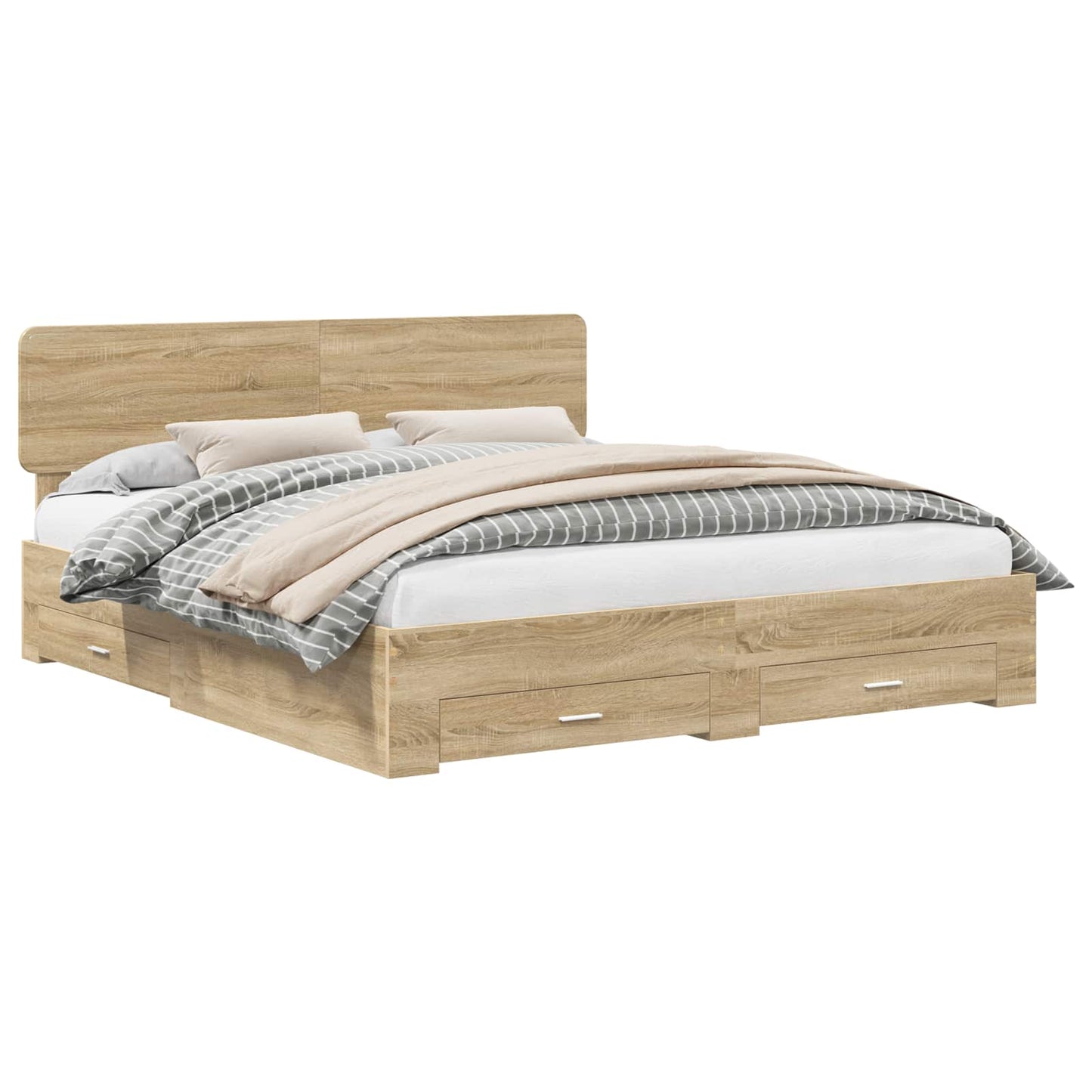 Bedframe met hoofdeinde Sonoma Eiken 200 x 200 cm Bewerkt hout is nu te koop bij PeponiXL, paradijselijk wonen!