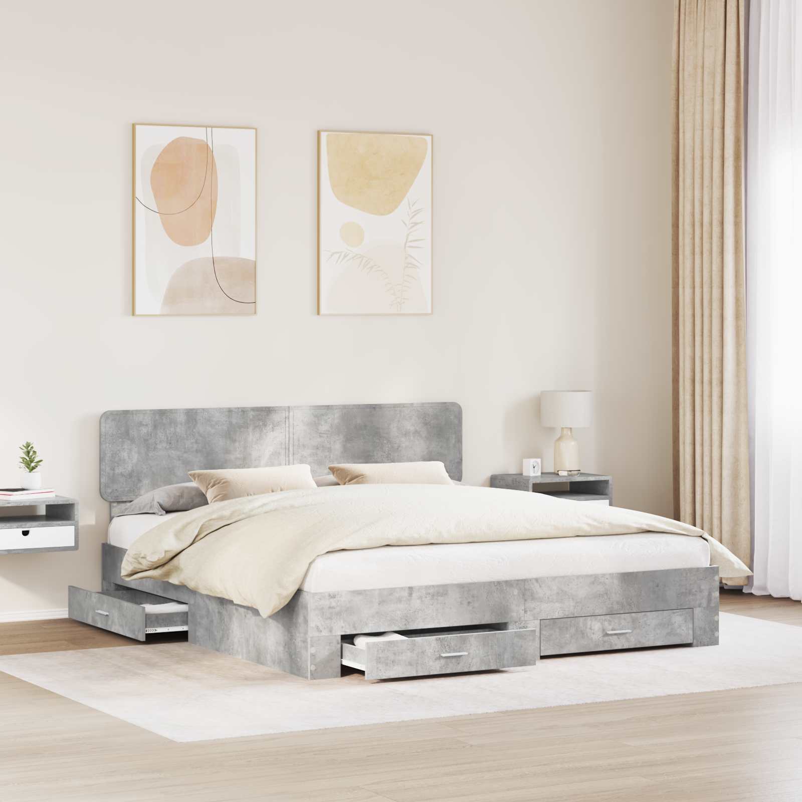 Bedframe met hoofdeinde Beton Grijs 200 x 200 cm Bewerkt hout is nu te koop bij PeponiXL, paradijselijk wonen!