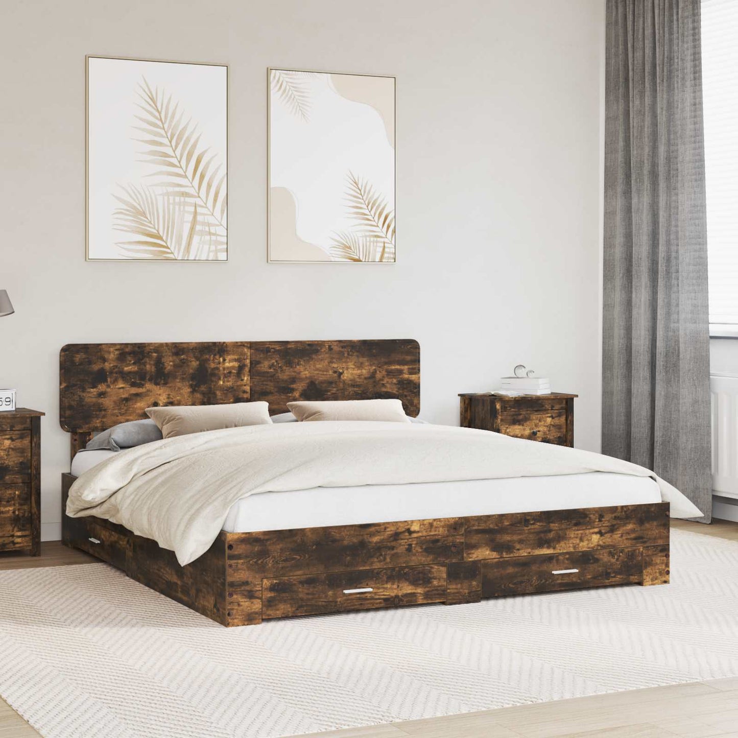 Bedframe met hoofdeinde Gerookt eiken 200 x 200 cm Bewerkt hout is nu te koop bij PeponiXL, paradijselijk wonen!