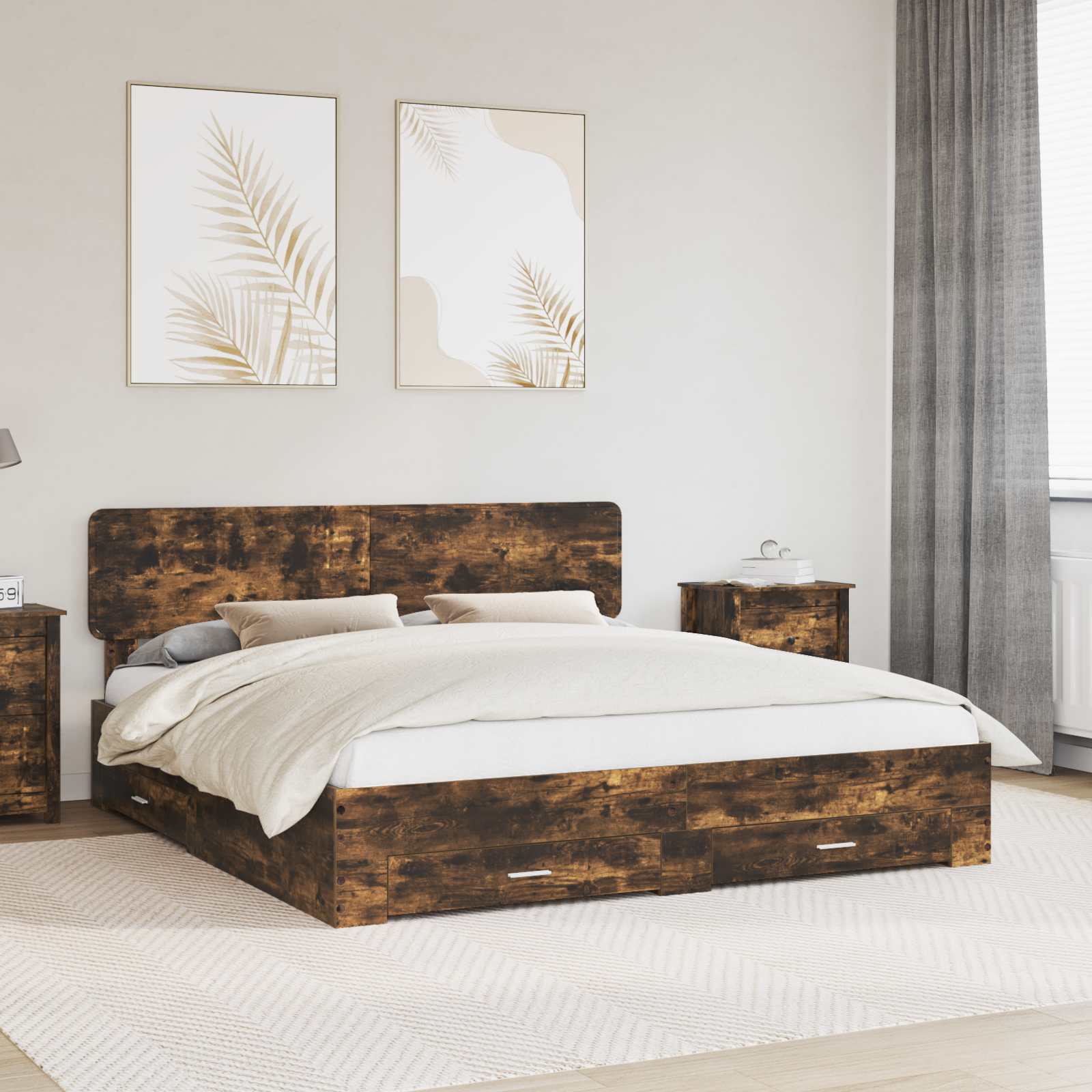 Bedframe met hoofdeinde Gerookt eiken 200 x 200 cm Bewerkt hout is nu te koop bij PeponiXL, paradijselijk wonen!
