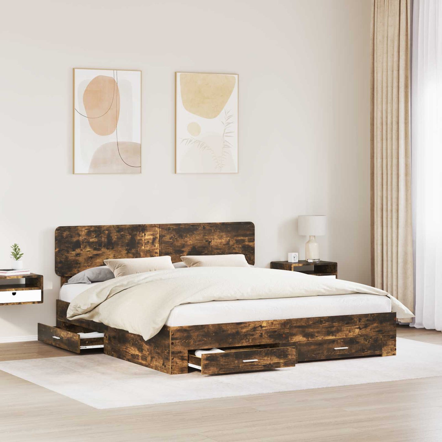 Bedframe met hoofdeinde Gerookt eiken 200 x 200 cm Bewerkt hout is nu te koop bij PeponiXL, paradijselijk wonen!
