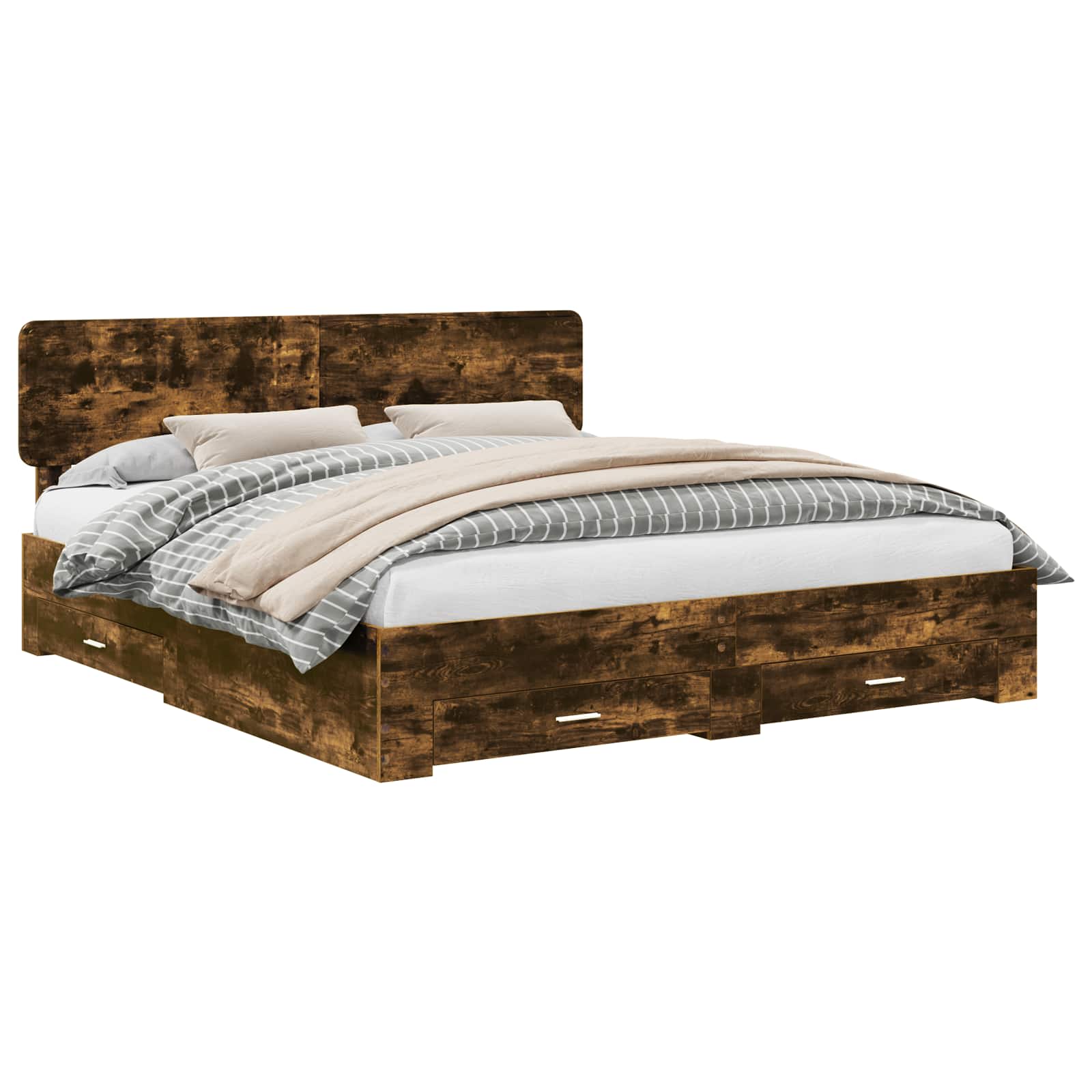 Bedframe met hoofdeinde Gerookt eiken 200 x 200 cm Bewerkt hout is nu te koop bij PeponiXL, paradijselijk wonen!