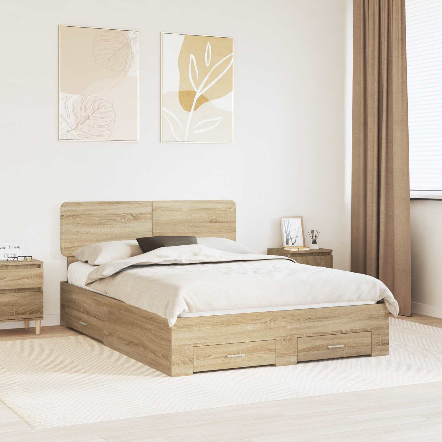 Bedframe met hoofdeinde Sonoma Eiken 150 x 200 cm Bewerkt hout is nu te koop bij PeponiXL, paradijselijk wonen!
