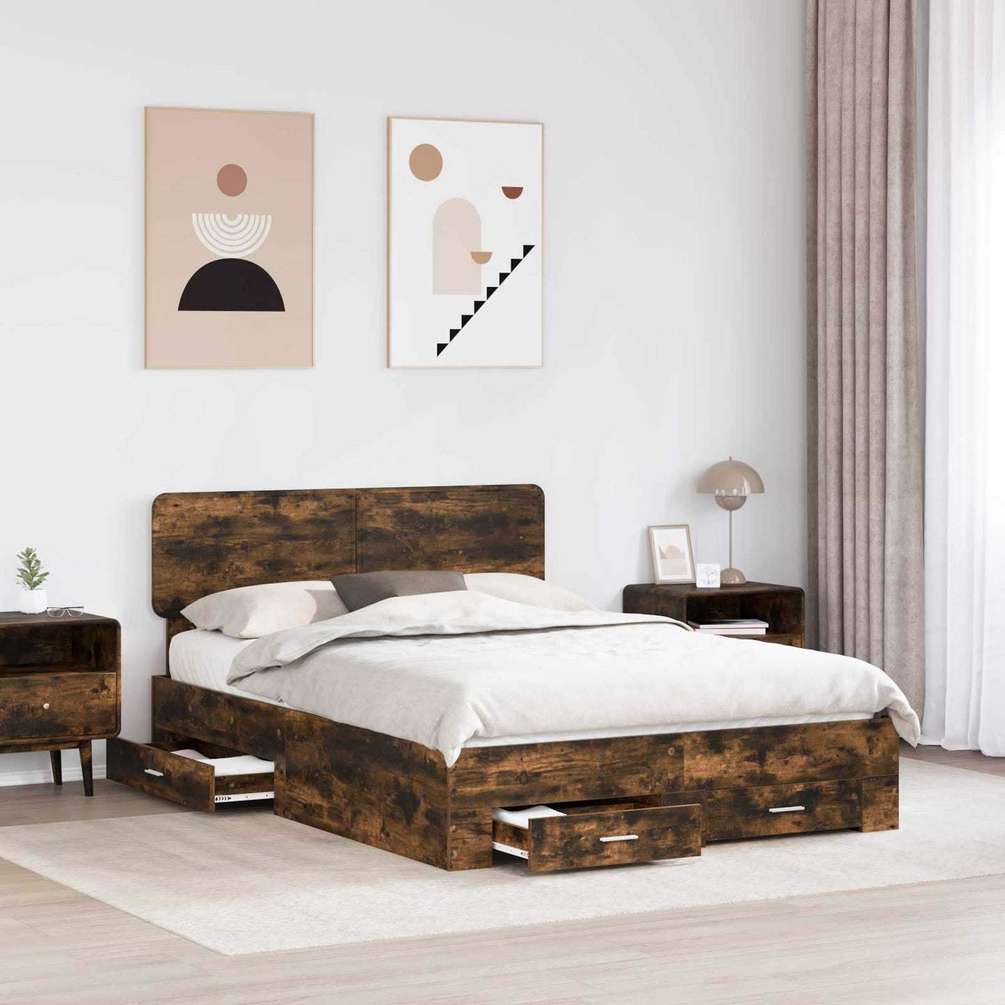 Bedframe met hoofdeinde Gerookt eiken 140 x 200 cm Bewerkt hout is nu te koop bij PeponiXL, paradijselijk wonen!