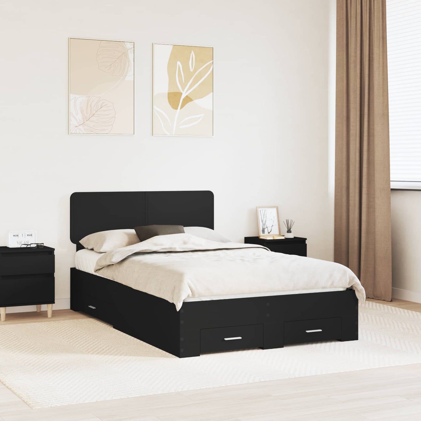 Bedframe met hoofdeinde Zwart 135 x 190 cm Bewerkt hout is nu te koop bij PeponiXL, paradijselijk wonen!