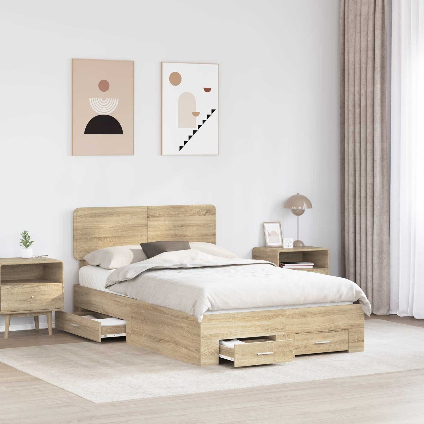 Bedframe met hoofdeinde Sonoma Eiken 135 x 190 cm Bewerkt hout is nu te koop bij PeponiXL, paradijselijk wonen!