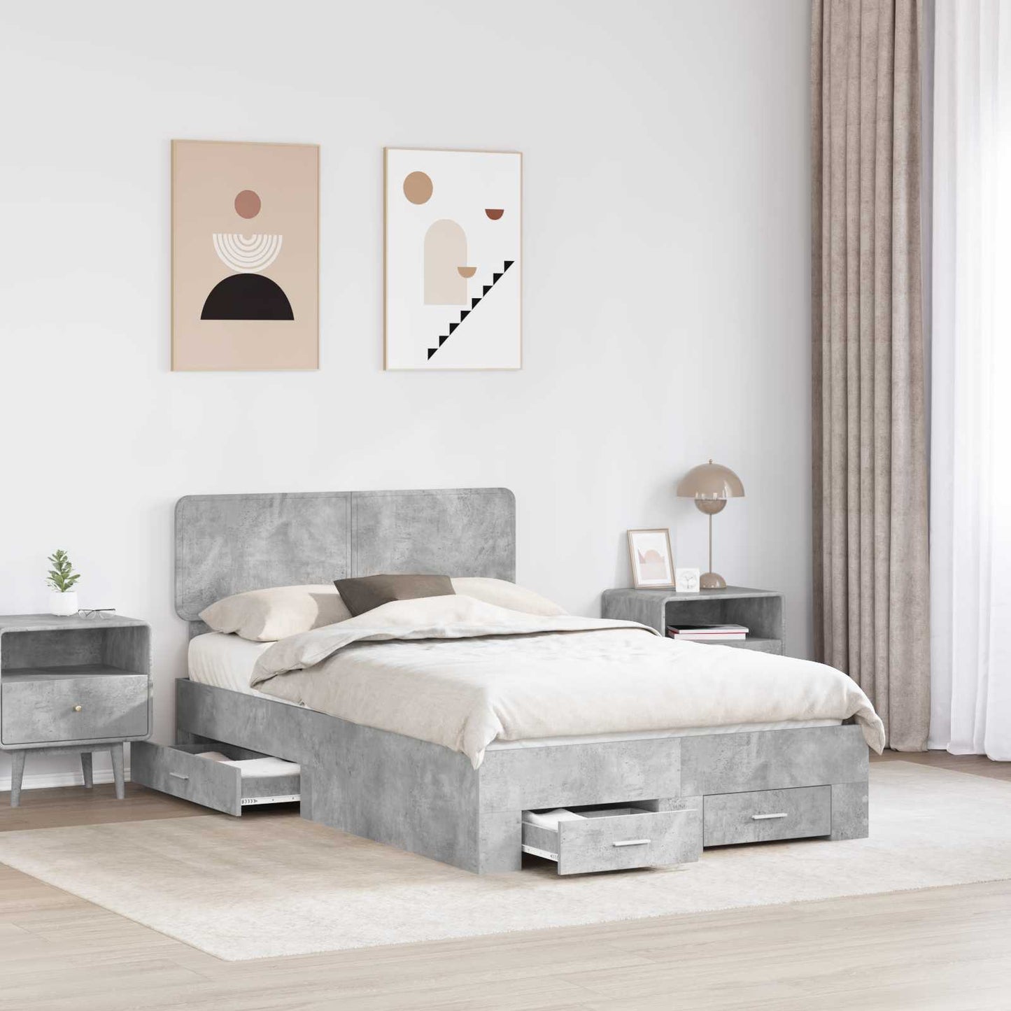 Bedframe met hoofdeinde Beton Grijs 135 x 190 cm Bewerkt hout is nu te koop bij PeponiXL, paradijselijk wonen!