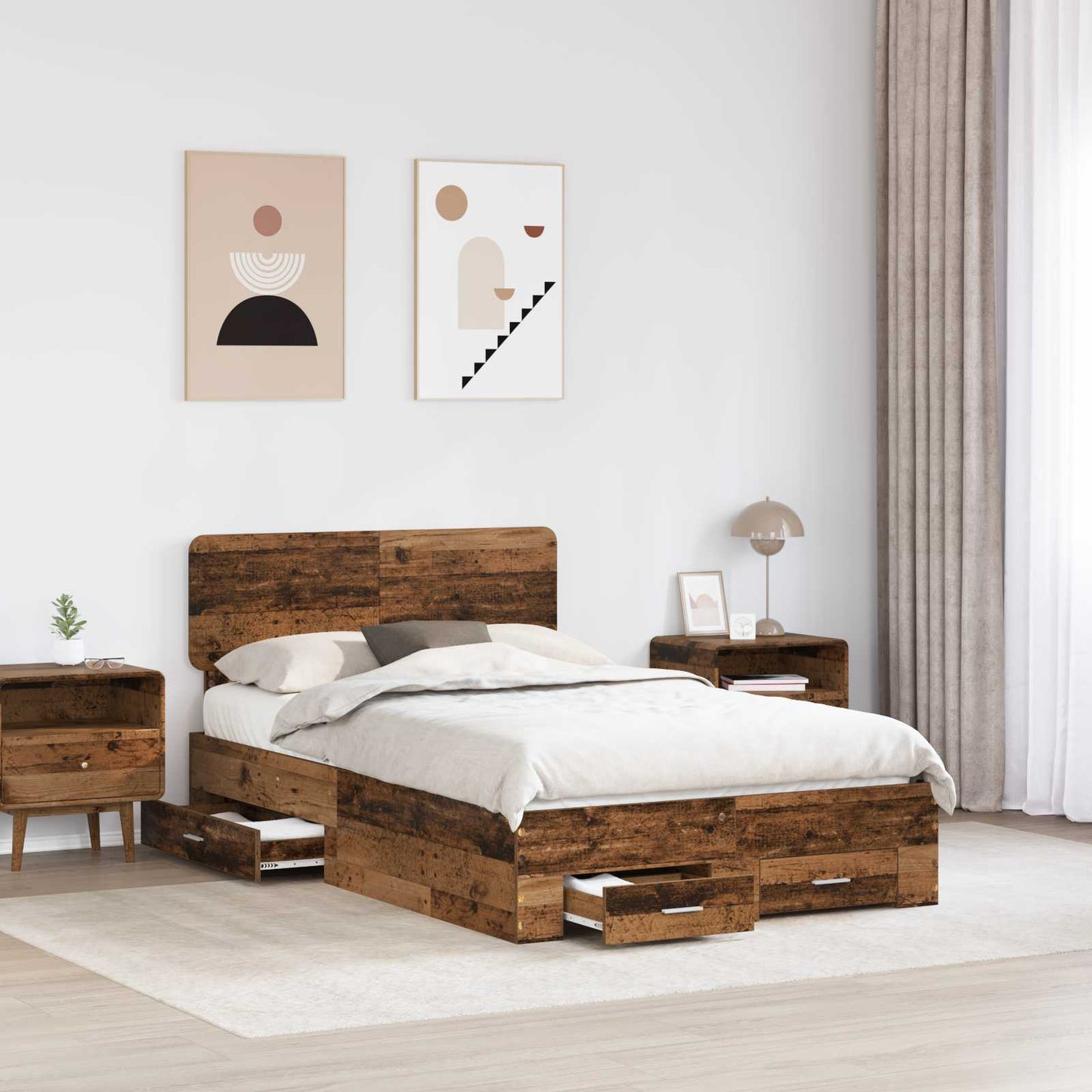 Bedframe met hoofdeinde Oudhout 135 x 190 cm Bewerkt hout