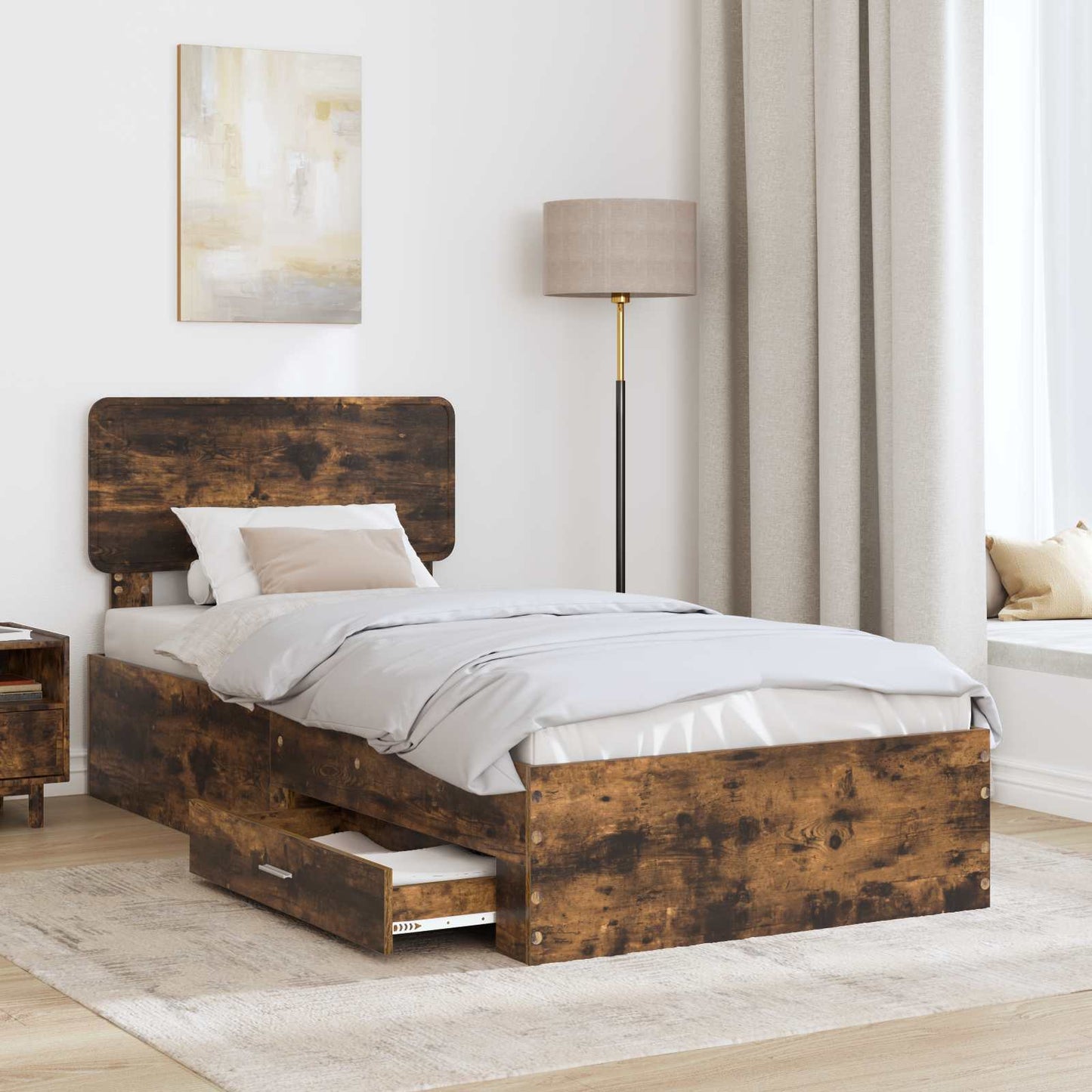 Bedframe met hoofdeinde Gerookt eiken 100 x 200 cm Bewerkt hout is nu te koop bij PeponiXL, paradijselijk wonen!