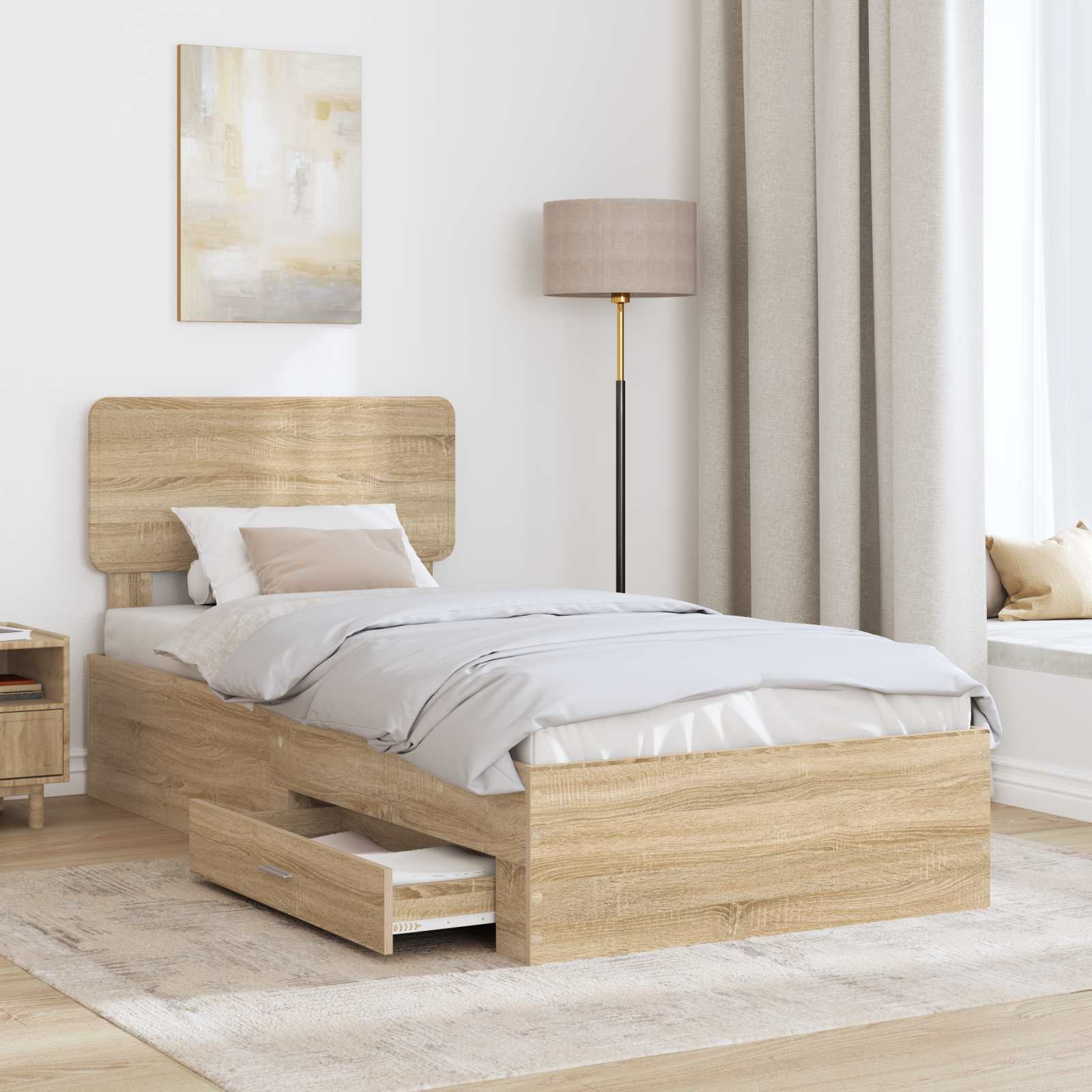 Bedframe met hoofdeinde Sonoma Eiken 90 x 200 cm Bewerkt hout is nu te koop bij PeponiXL, paradijselijk wonen!