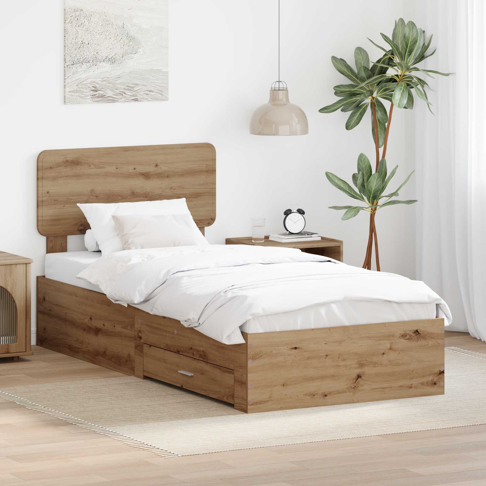 Bedframe met hoofdeinde Artisan Eiken 90 x 200 cm Bewerkt hout is nu te koop bij PeponiXL, paradijselijk wonen!
