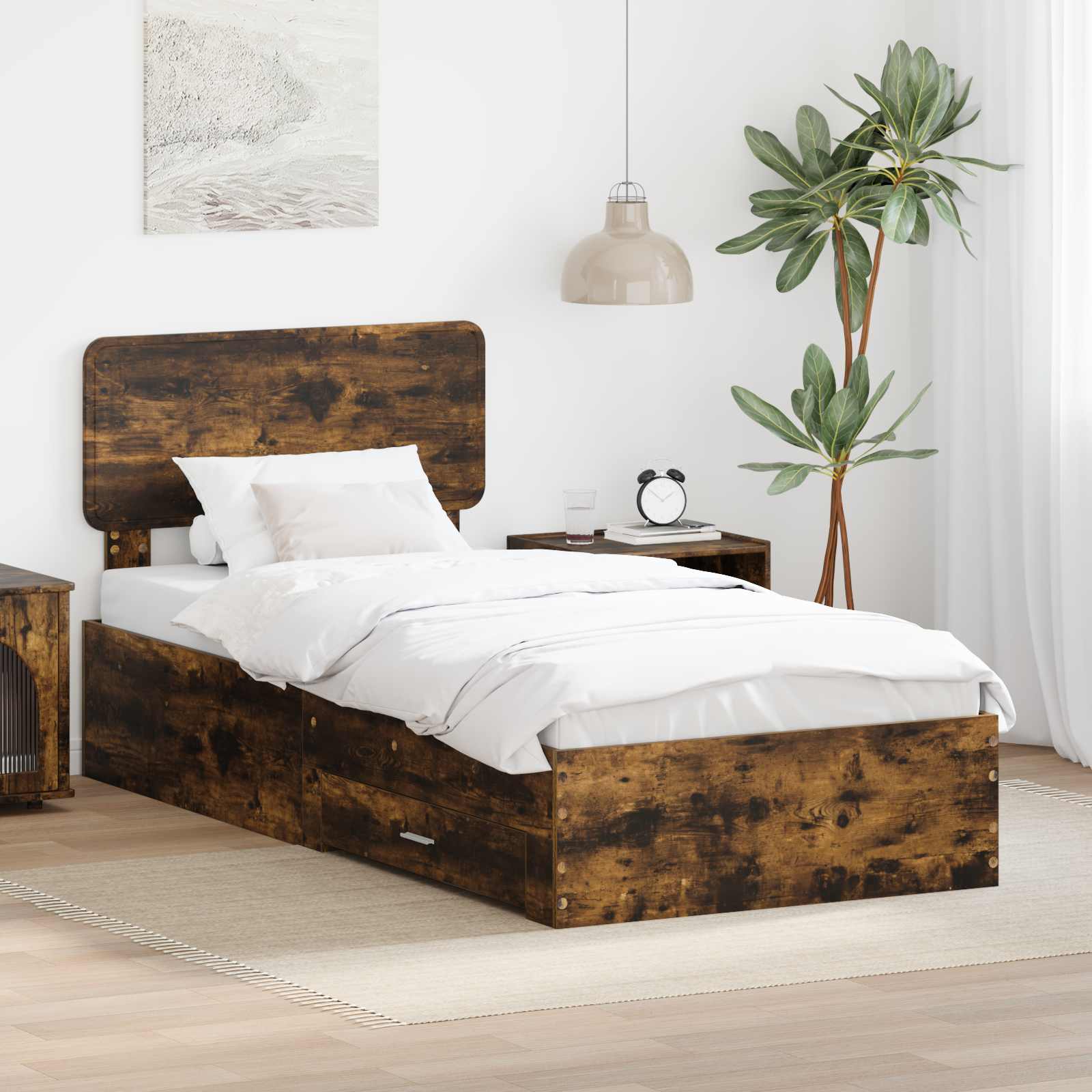 Bedframe met hoofdeinde Gerookt eiken 90 x 190 cm Bewerkt hout is nu te koop bij PeponiXL, paradijselijk wonen!