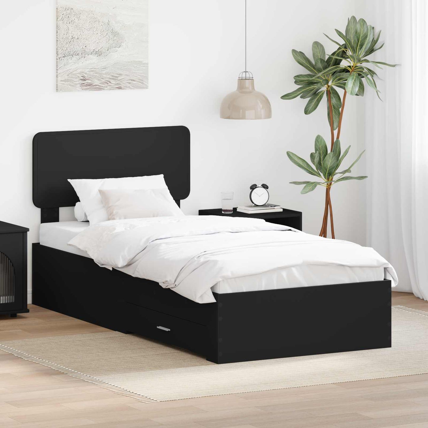 Bedframe met hoofdeinde met lade Zwart 75 x 190 cm Bewerkt hout is nu te koop bij PeponiXL, paradijselijk wonen!