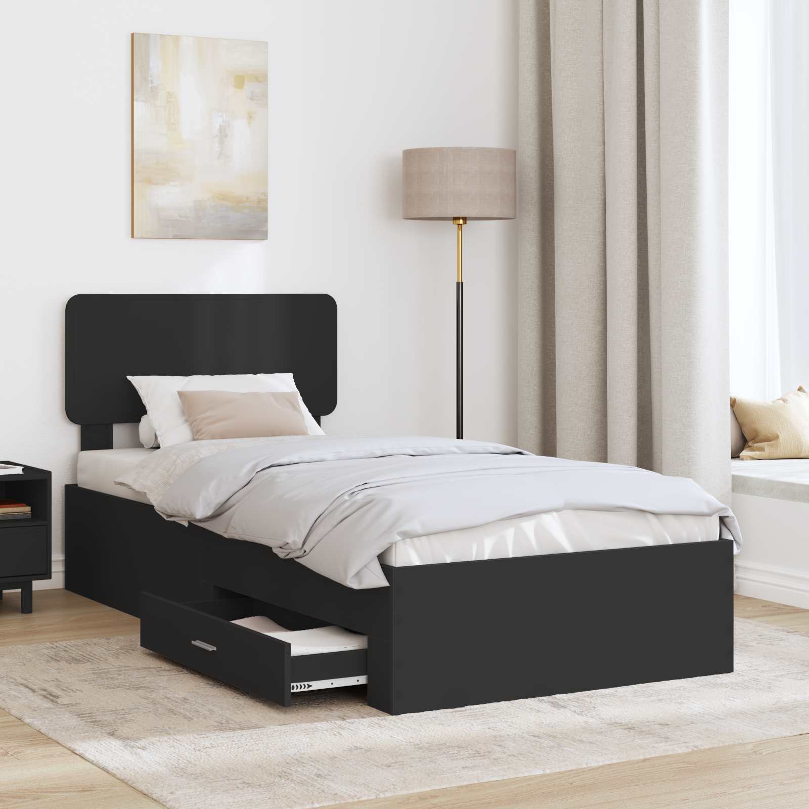 Bedframe met hoofdeinde met lade Zwart 75 x 190 cm Bewerkt hout is nu te koop bij PeponiXL, paradijselijk wonen!