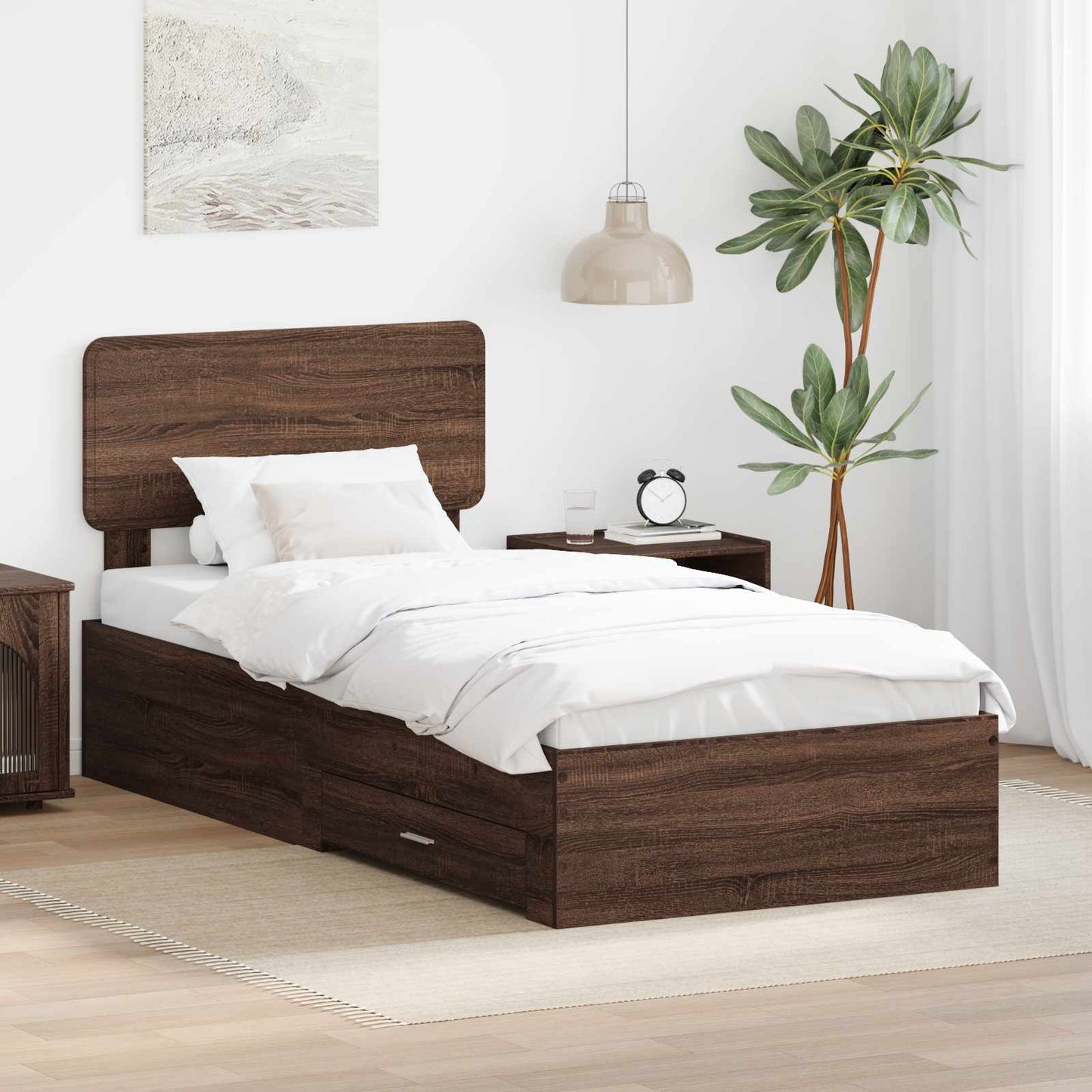 Bedframe met hoofdeinde Bruin Eiken 75 x 190 cm Bewerkt hout is nu te koop bij PeponiXL, paradijselijk wonen!