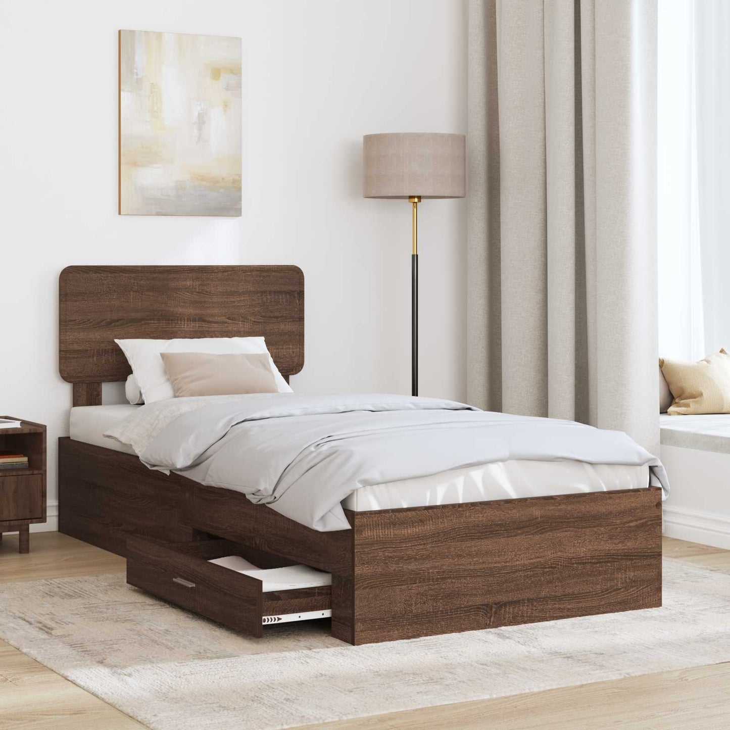 Bedframe met hoofdeinde Bruin Eiken 75 x 190 cm Bewerkt hout is nu te koop bij PeponiXL, paradijselijk wonen!