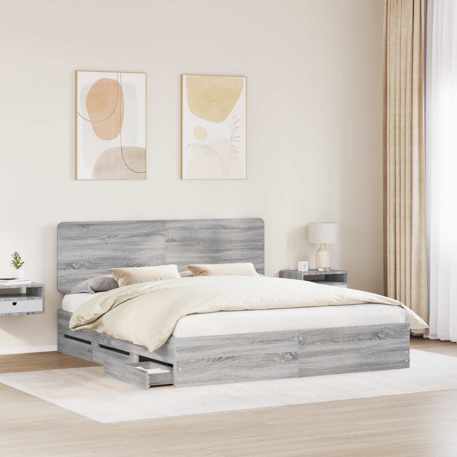 Bedframe met lade Grijs Sonoma 200 x 200 cm Ingenieurshout is nu te koop bij PeponiXL, paradijselijk wonen!