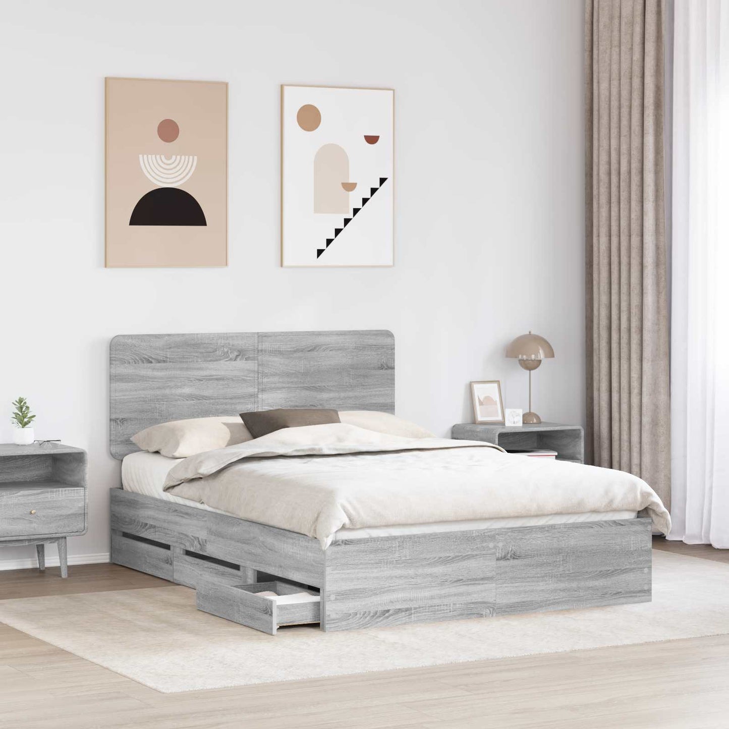 Bedframe met lade Grijs Sonoma 140 x 200 cm Ingenieurshout is nu te koop bij PeponiXL, paradijselijk wonen!