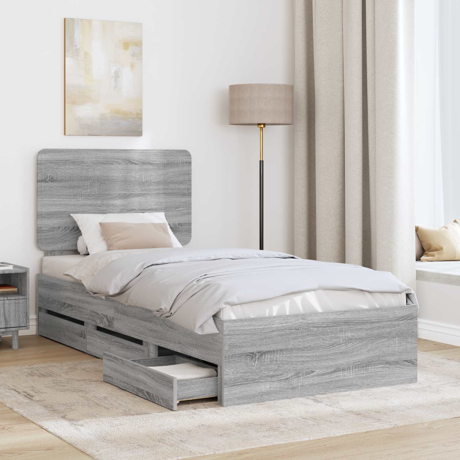 Bedframe met lade Grijs Sonoma 75 x 190 cm Ingenieurshout is nu te koop bij PeponiXL, paradijselijk wonen!