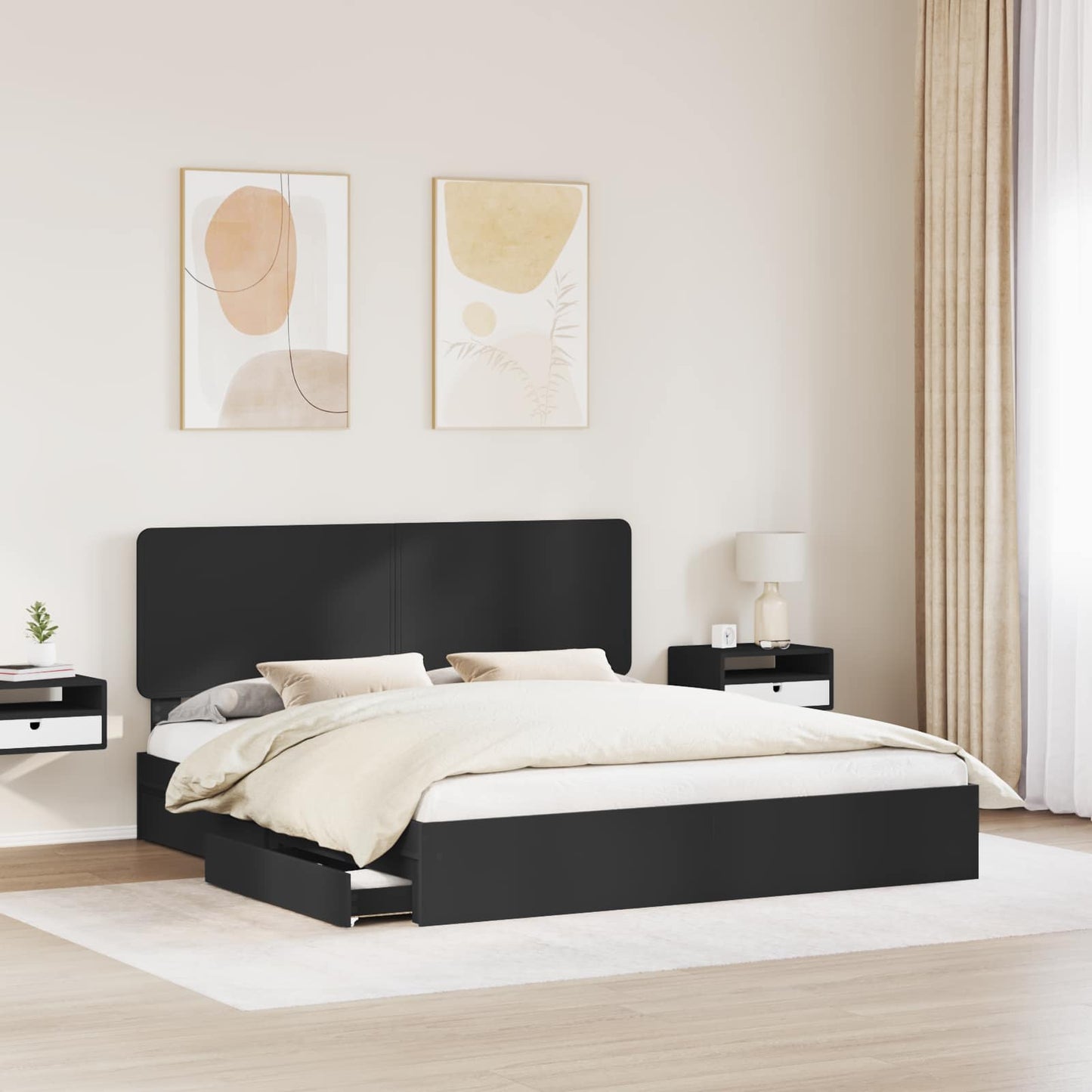 Opslag bed met hoofdeinde Zwart 200 x 200 cm Bewerkt hout is nu te koop bij PeponiXL, paradijselijk wonen!