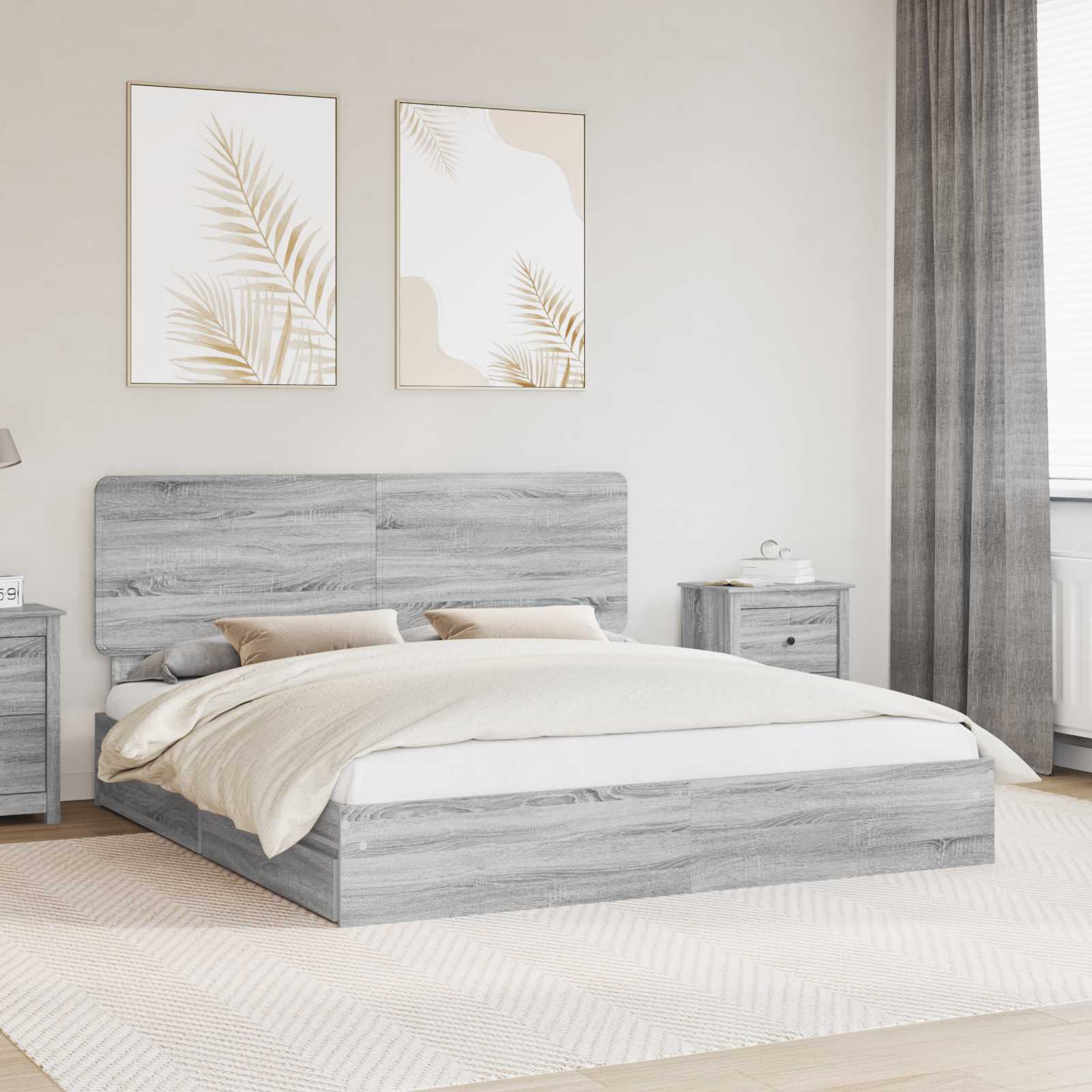 Opslag bed met lade Grijs Sonoma 200 x 200 cm Bewerkt hout is nu te koop bij PeponiXL, paradijselijk wonen!