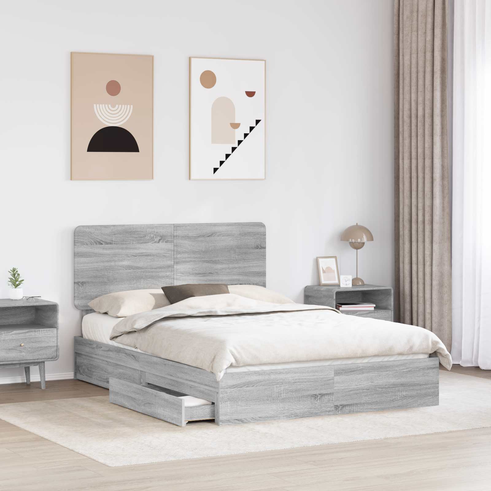 Opslag bed met lade Grijs Sonoma 150 x 200 cm Bewerkt hout is nu te koop bij PeponiXL, paradijselijk wonen!