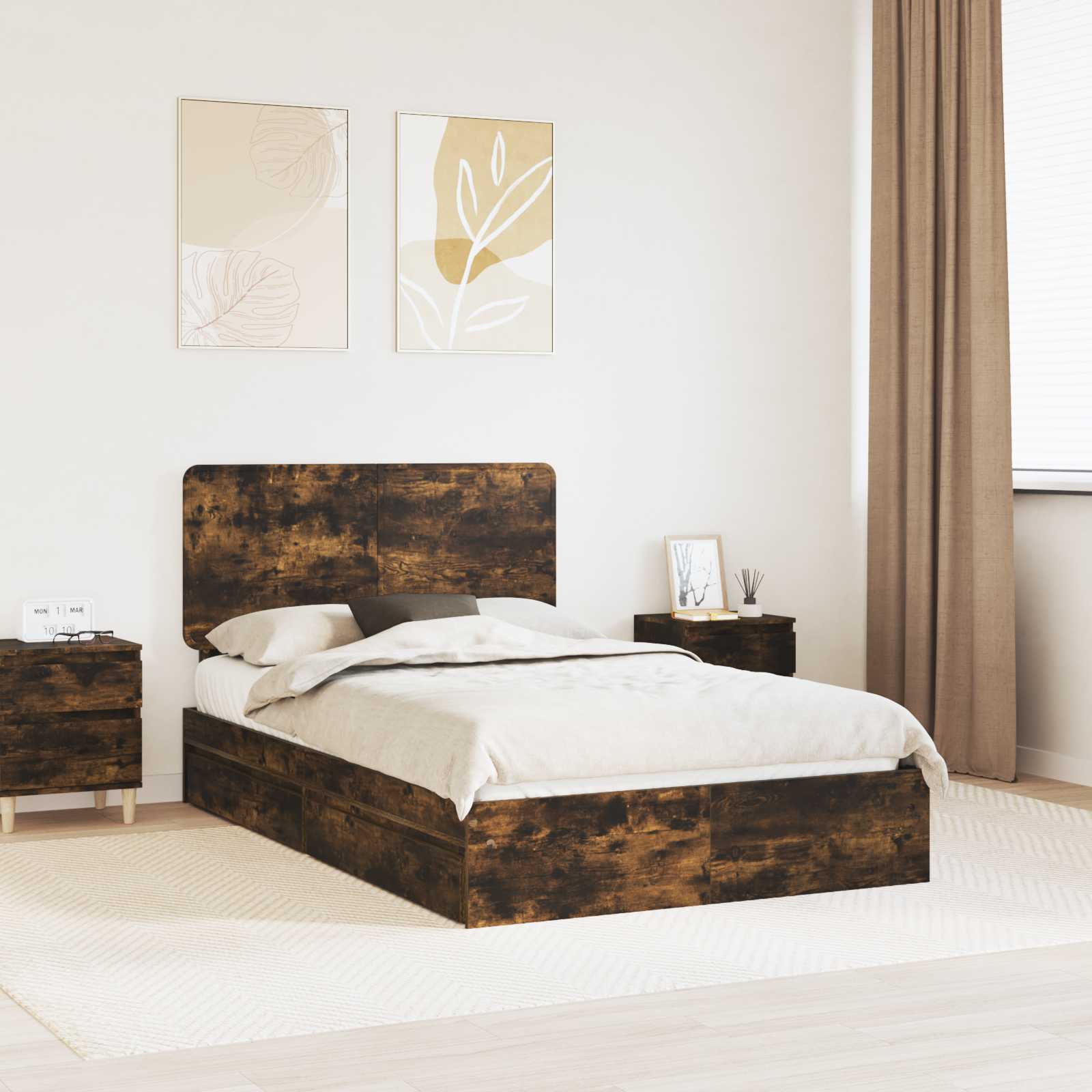 Opslag bed met lade Gerookt eiken 135 x 190 cm Bewerkt hout is nu te koop bij PeponiXL, paradijselijk wonen!