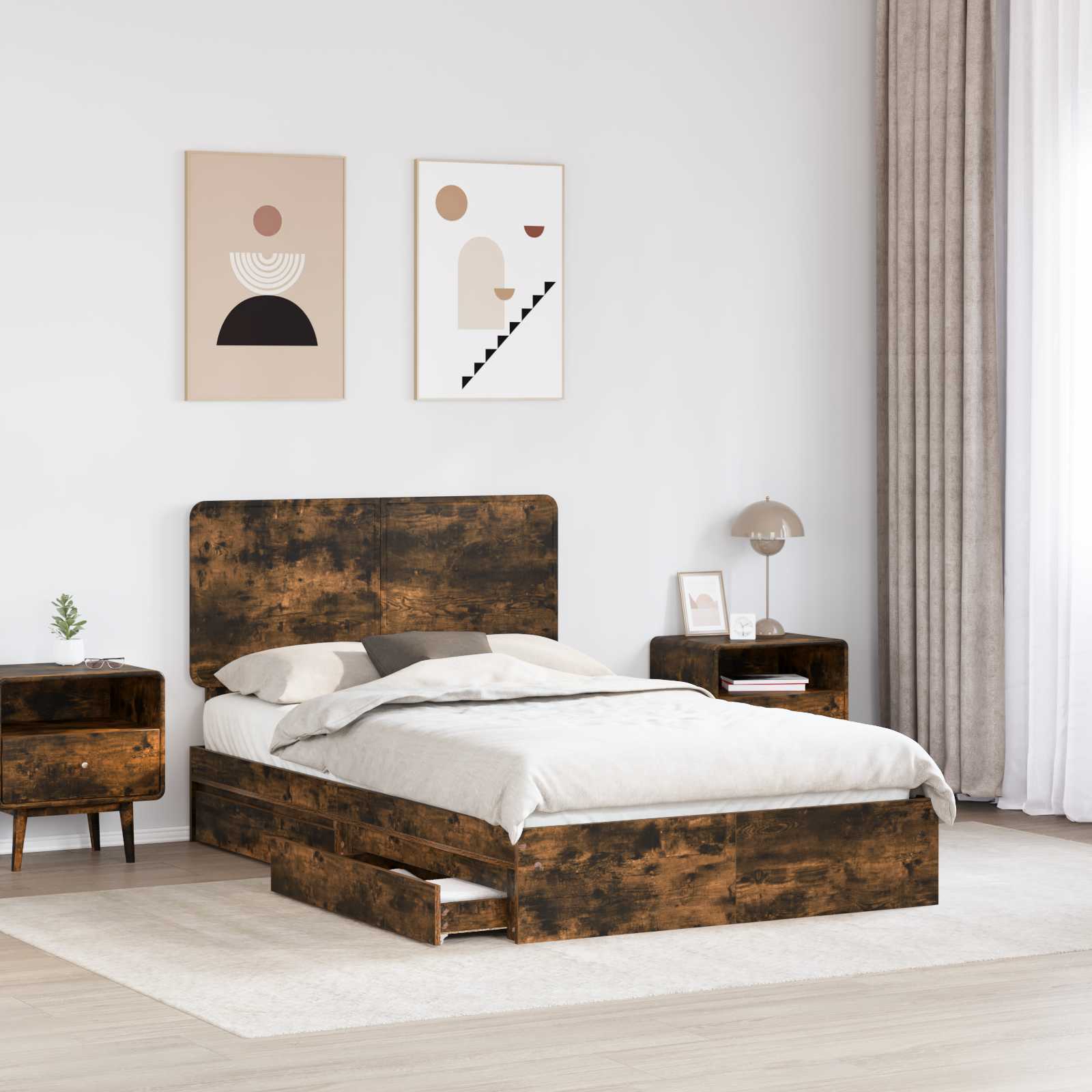 Opslag bed met lade Gerookt eiken 135 x 190 cm Bewerkt hout is nu te koop bij PeponiXL, paradijselijk wonen!