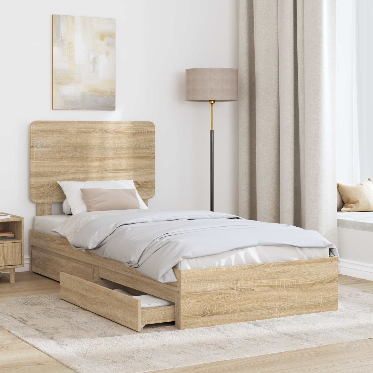 Opslag bed met hoofdeinde Sonoma Eiken 90 x 190 cm Bewerkt hout is nu te koop bij PeponiXL, paradijselijk wonen!