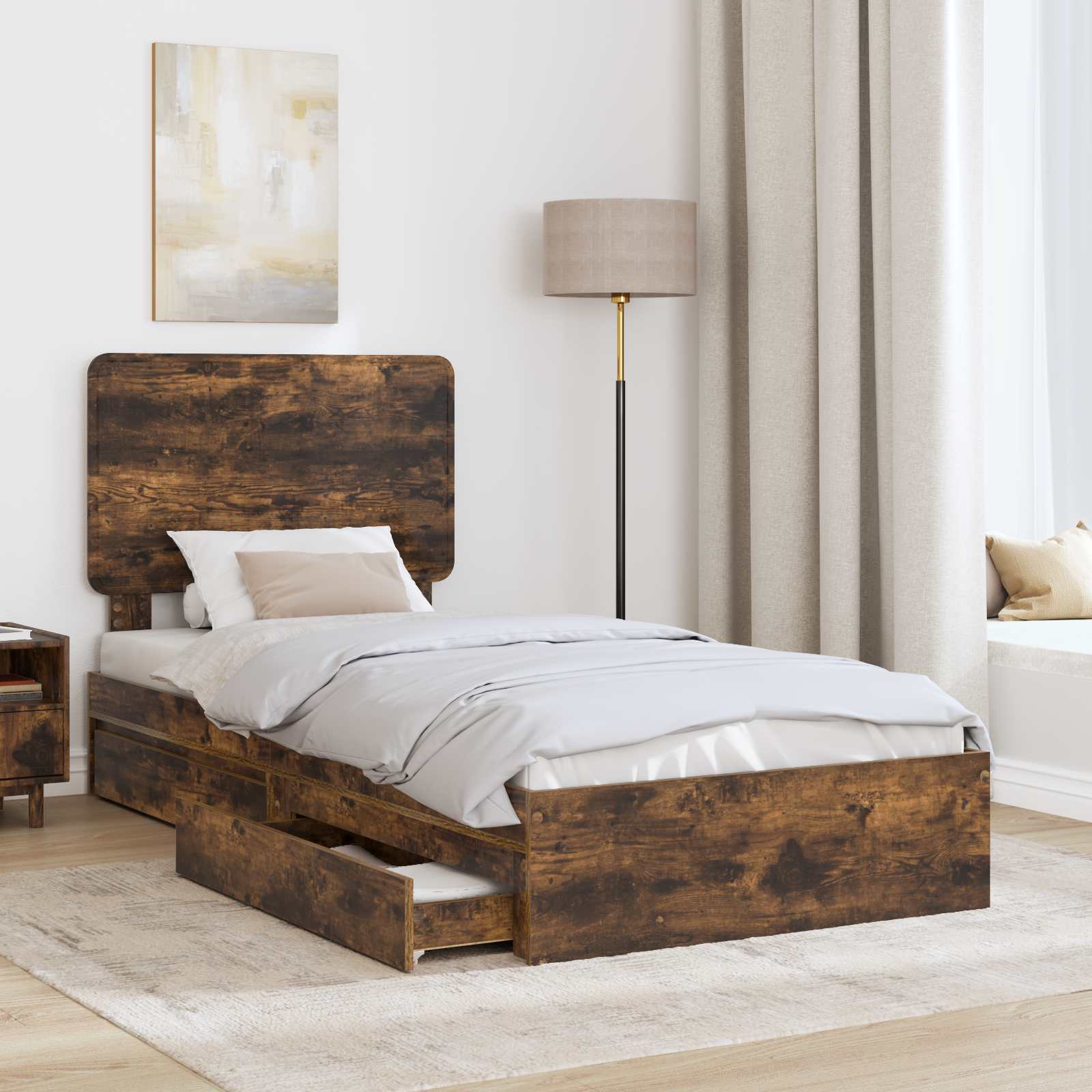 Opslag bed met lade Gerookt eiken 90 x 190 cm Bewerkt hout is nu te koop bij PeponiXL, paradijselijk wonen!