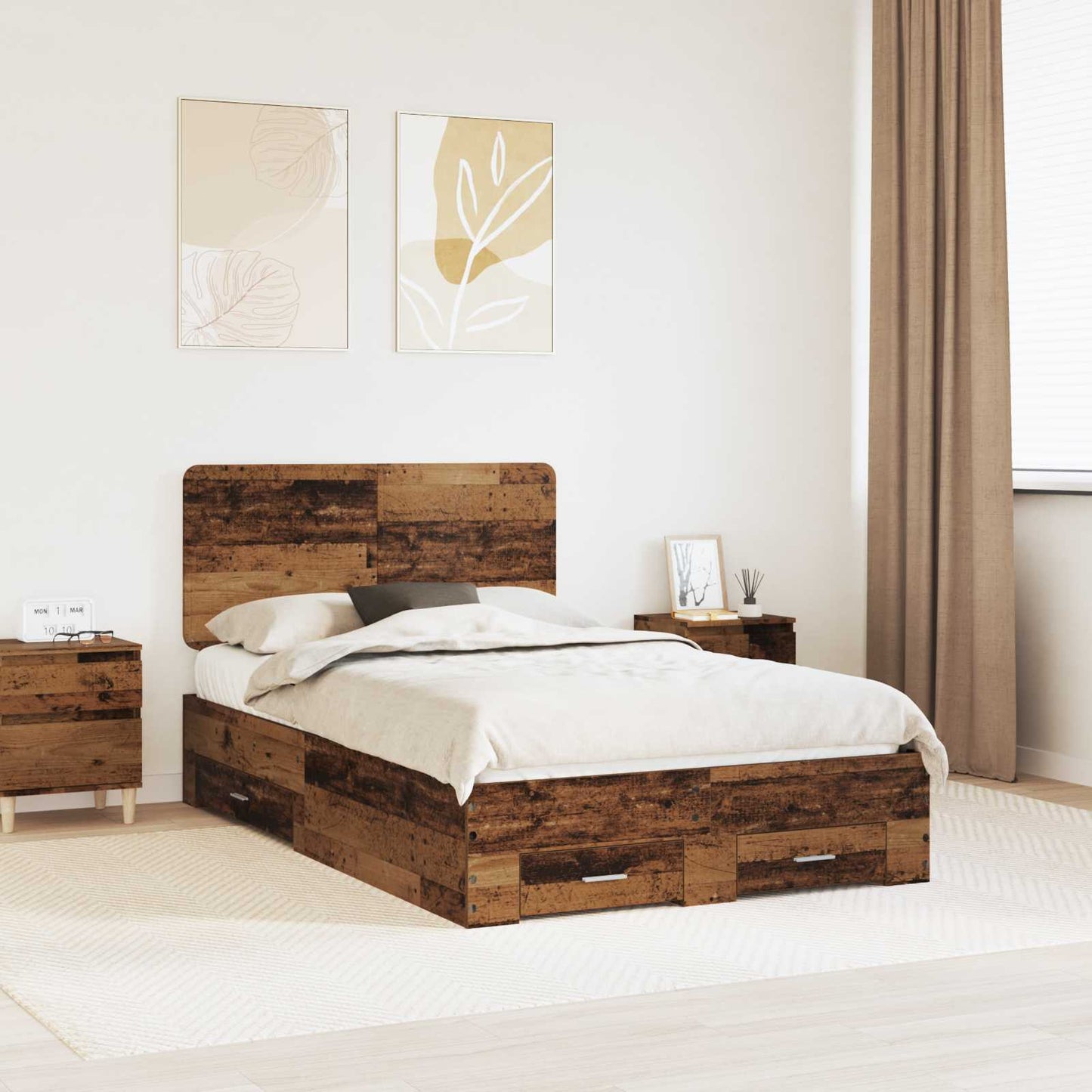 Bedframe met lade met opslag Oudhout 135 x 190 cm Bewerkt hout is nu te koop bij PeponiXL, paradijselijk wonen!