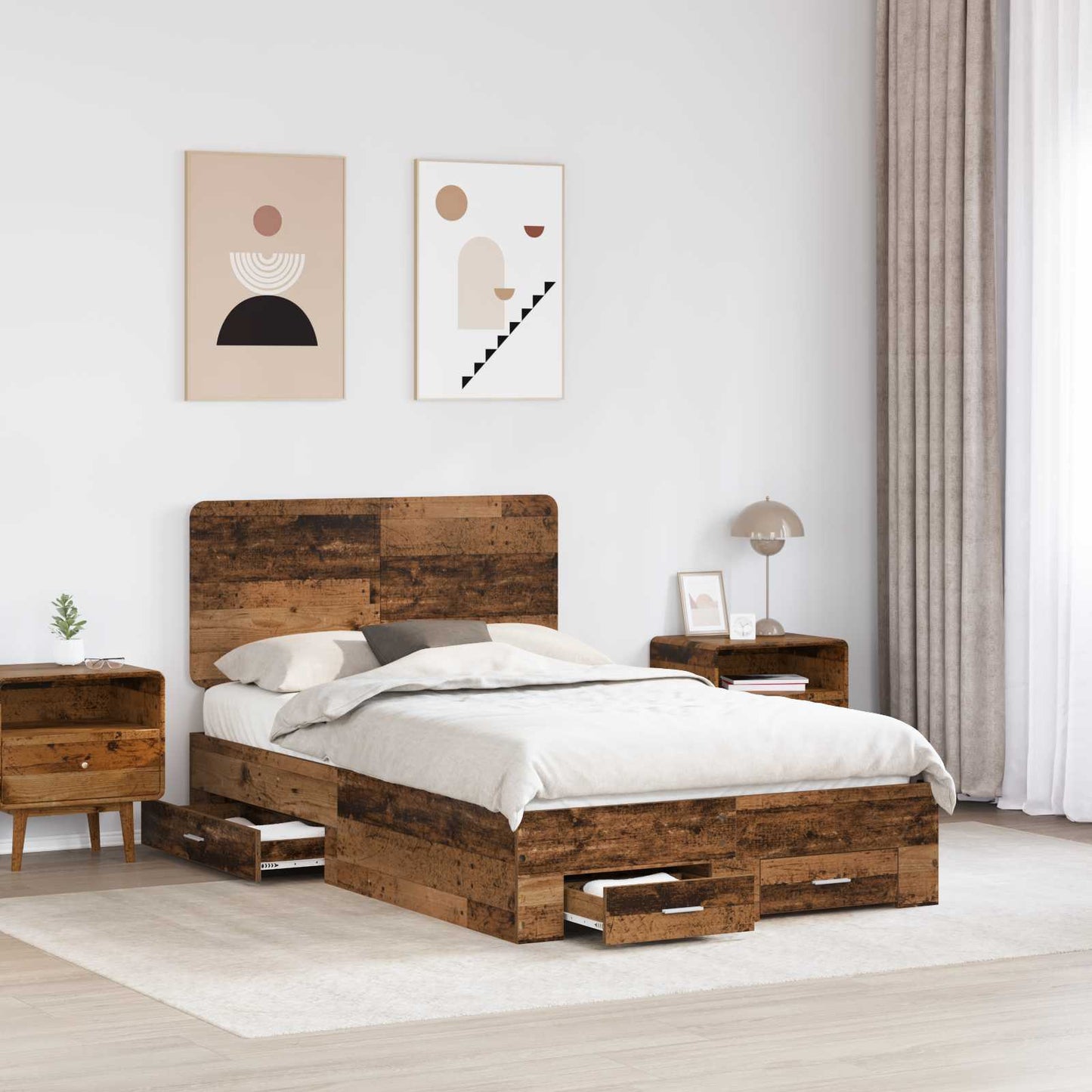 Bedframe met lade met opslag Oudhout 135 x 190 cm Bewerkt hout is nu te koop bij PeponiXL, paradijselijk wonen!