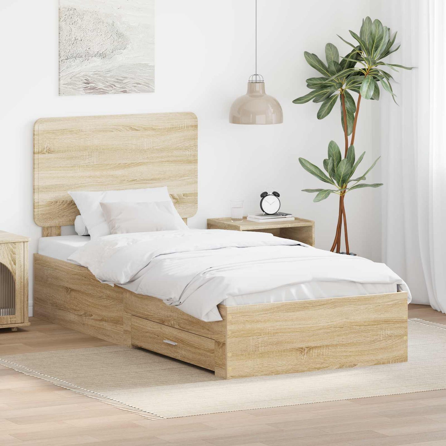 Bedframe met hoofdeinde Sonoma Eiken 75 x 190 cm Bewerkt hout is nu te koop bij PeponiXL, paradijselijk wonen!