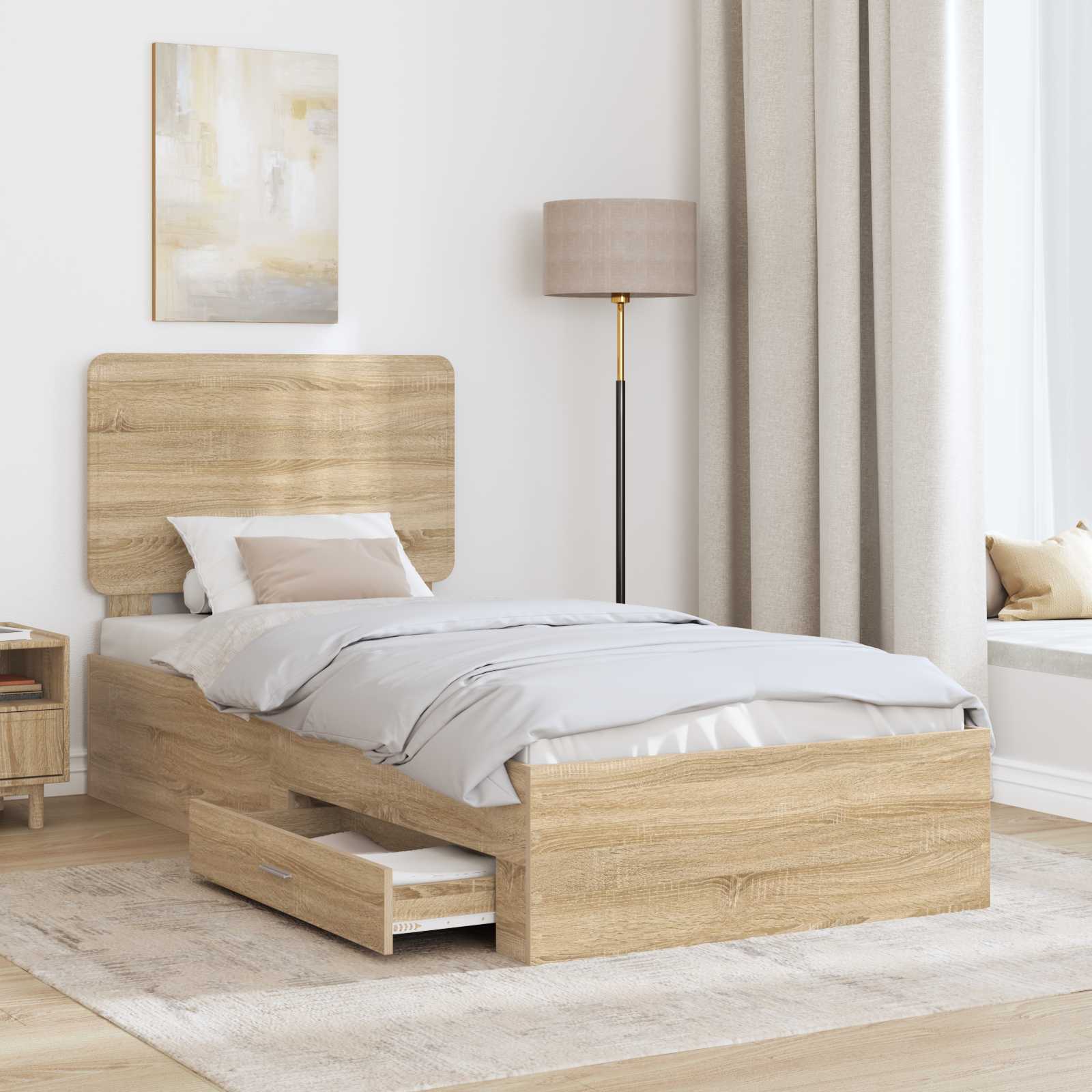 Bedframe met hoofdeinde Sonoma Eiken 75 x 190 cm Bewerkt hout is nu te koop bij PeponiXL, paradijselijk wonen!